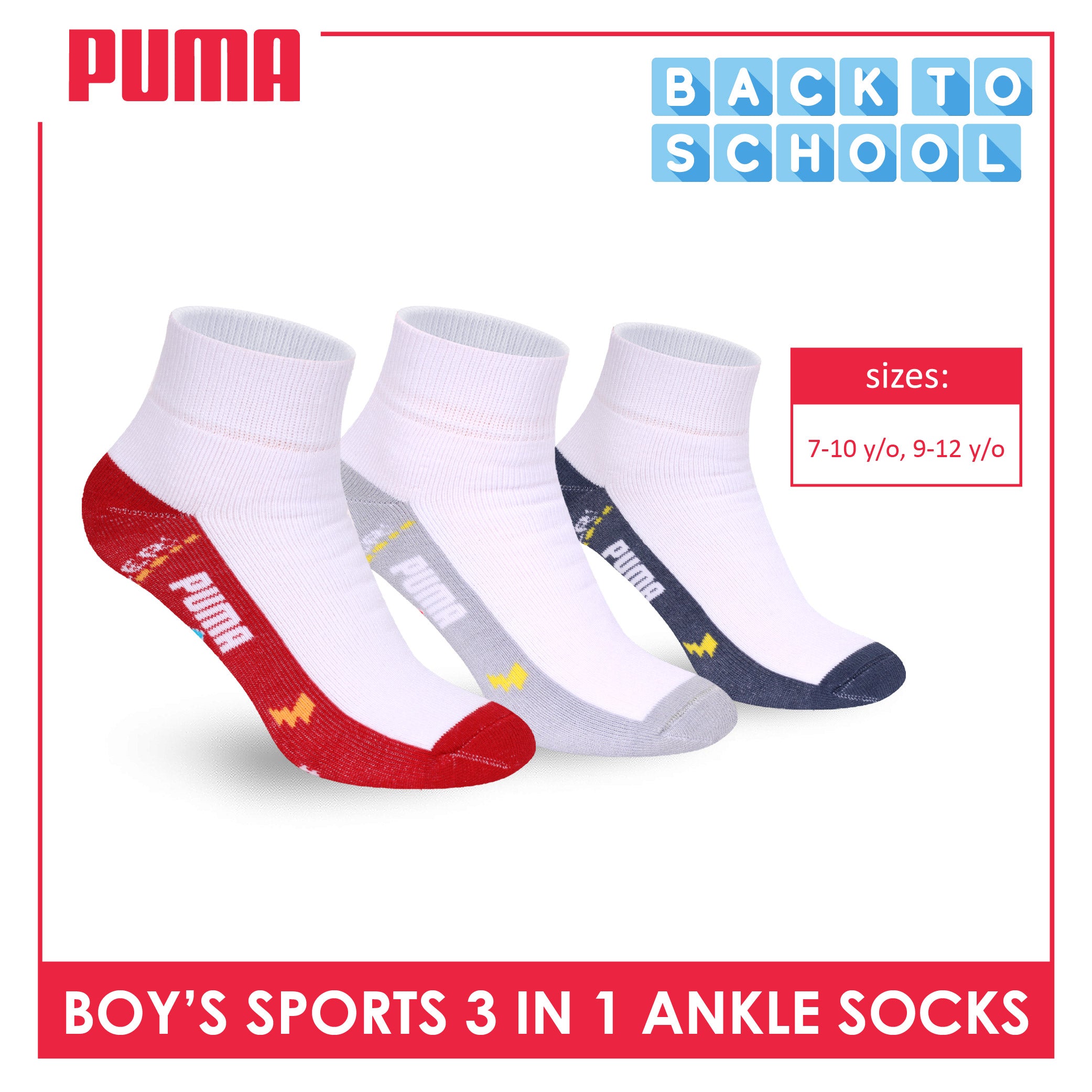Puma Boys’ Cotton Thick Sports Ankle Socks 3 pairs in 1 pack PBSKG23