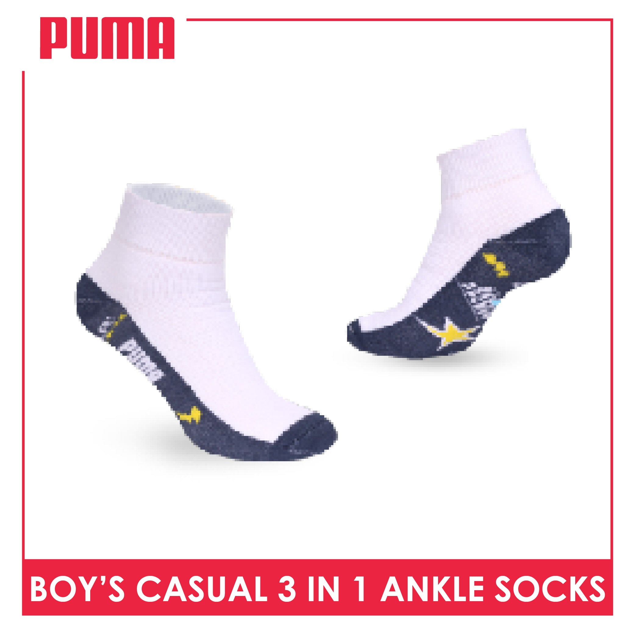 Puma Boys’ Cotton Thick Sports Ankle Socks 3 pairs in 1 pack PBSKG23