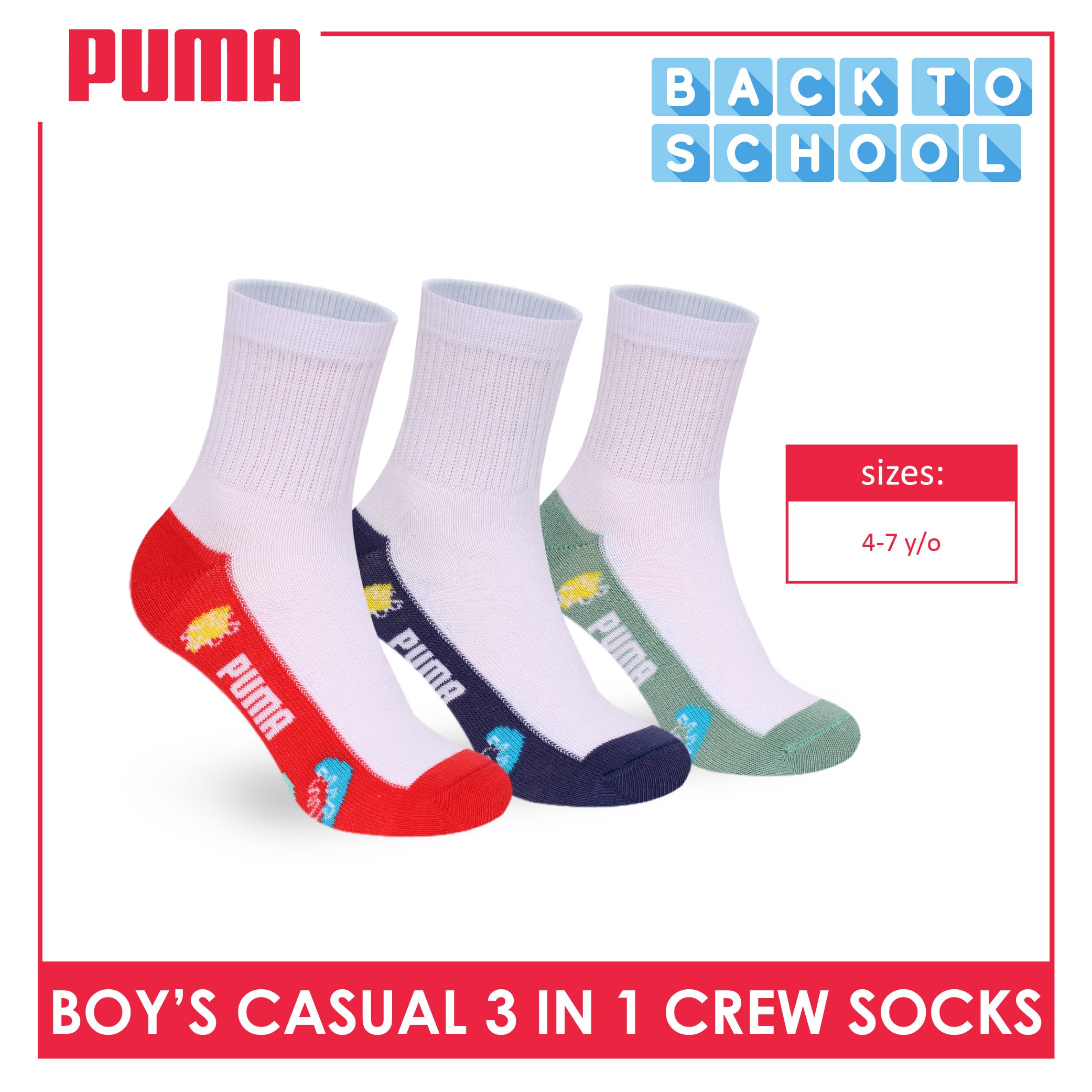 Puma Boys’ Cotton Thin Casual Crew Socks 3 pairs in 1 pack PBCKG37