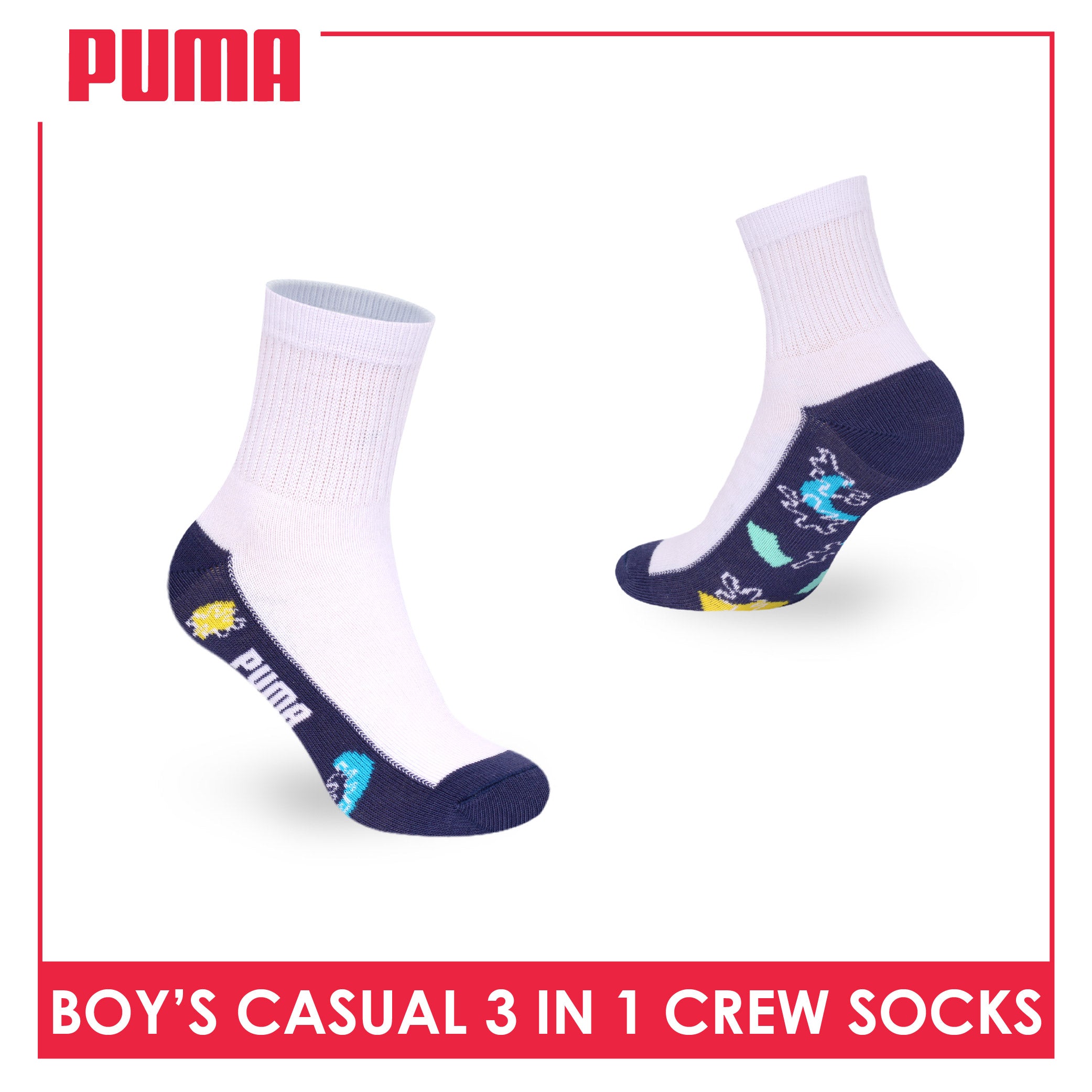 Puma Boys’ Cotton Thin Casual Crew Socks 3 pairs in 1 pack PBCKG37