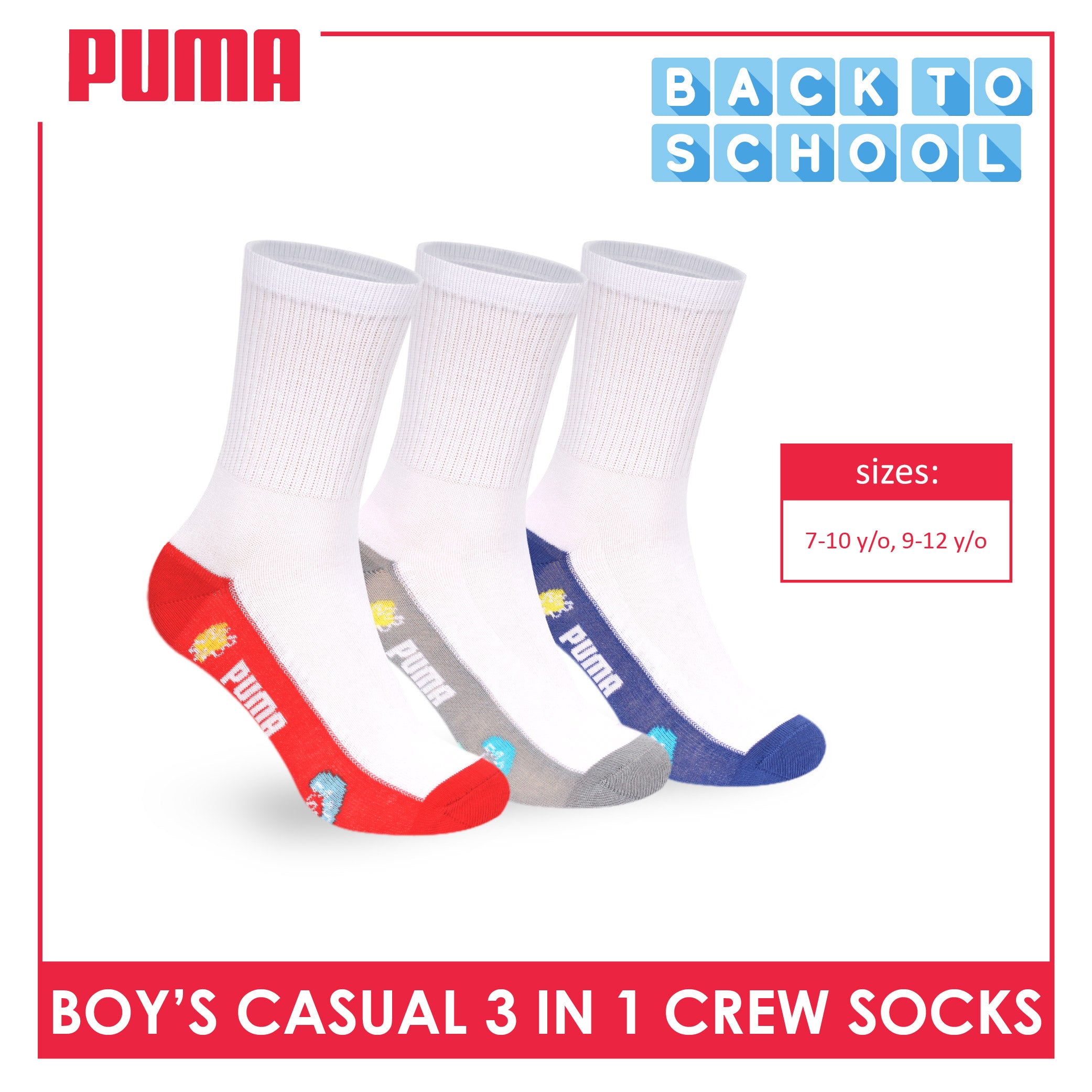 Puma Boys’ Cotton Thin Casual Crew Socks 3 pairs in 1 pack PBCKG37