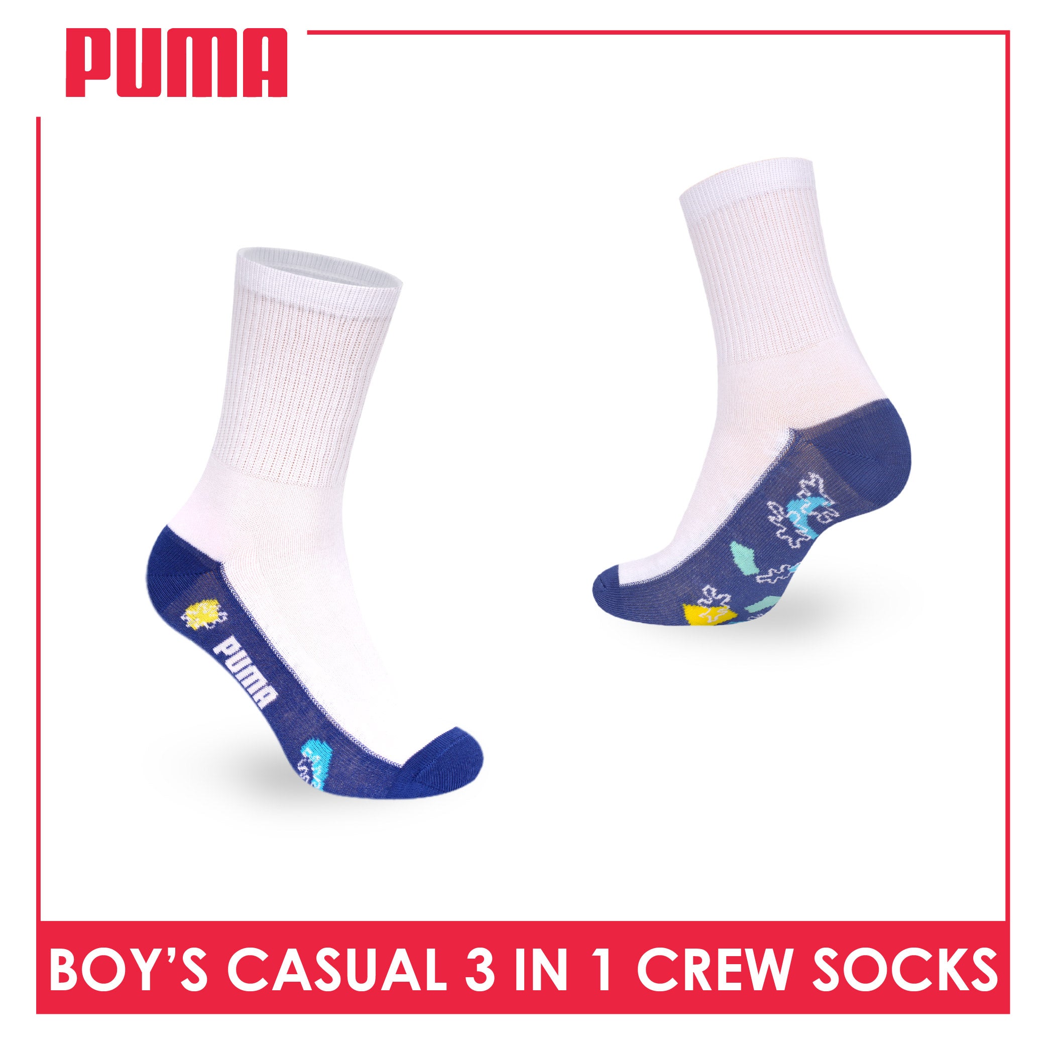 Puma Boys’ Cotton Thin Casual Crew Socks 3 pairs in 1 pack PBCKG37