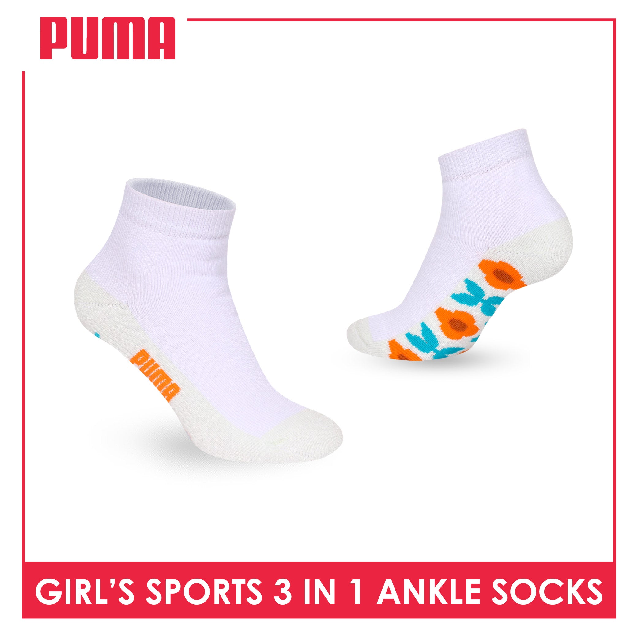Puma Girls’ Cotton Thick Sports Ankle Socks 3 pairs in 1 pack PGSKG11