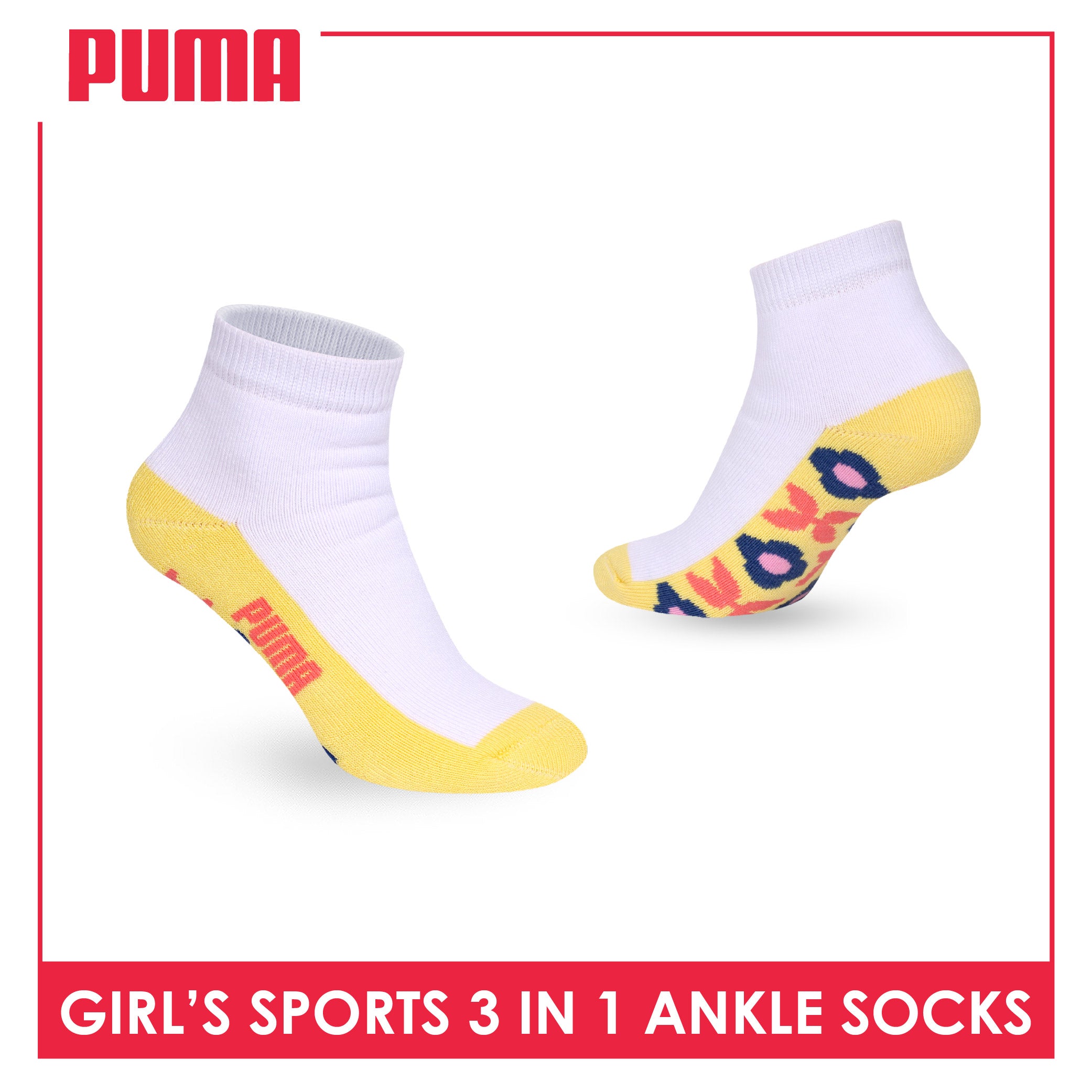 Puma Girls’ Cotton Thick Sports Ankle Socks 3 pairs in 1 pack PGSKG11