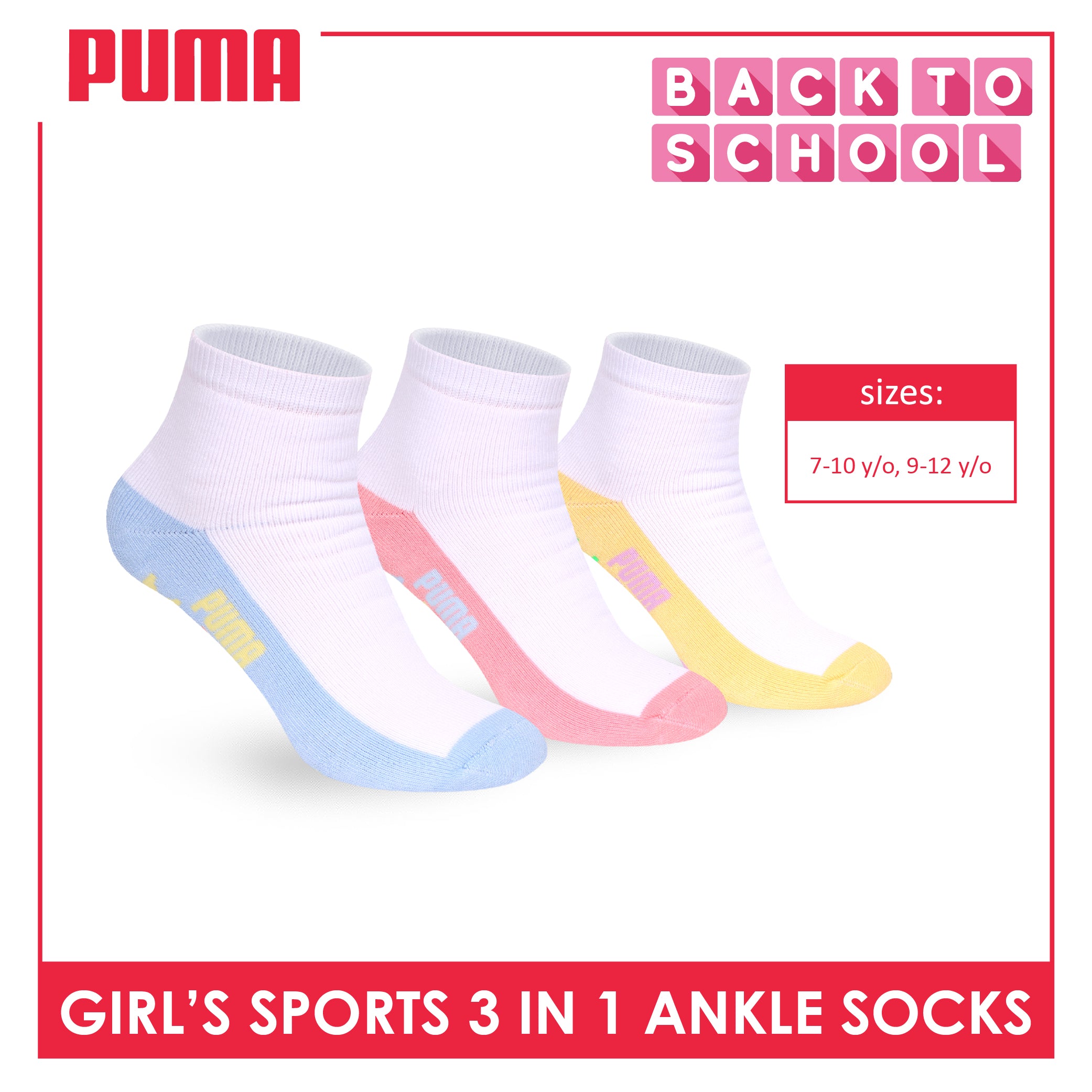 Puma Girls’ Cotton Thick Sports Ankle Socks 3 pairs in 1 pack PGSKG11