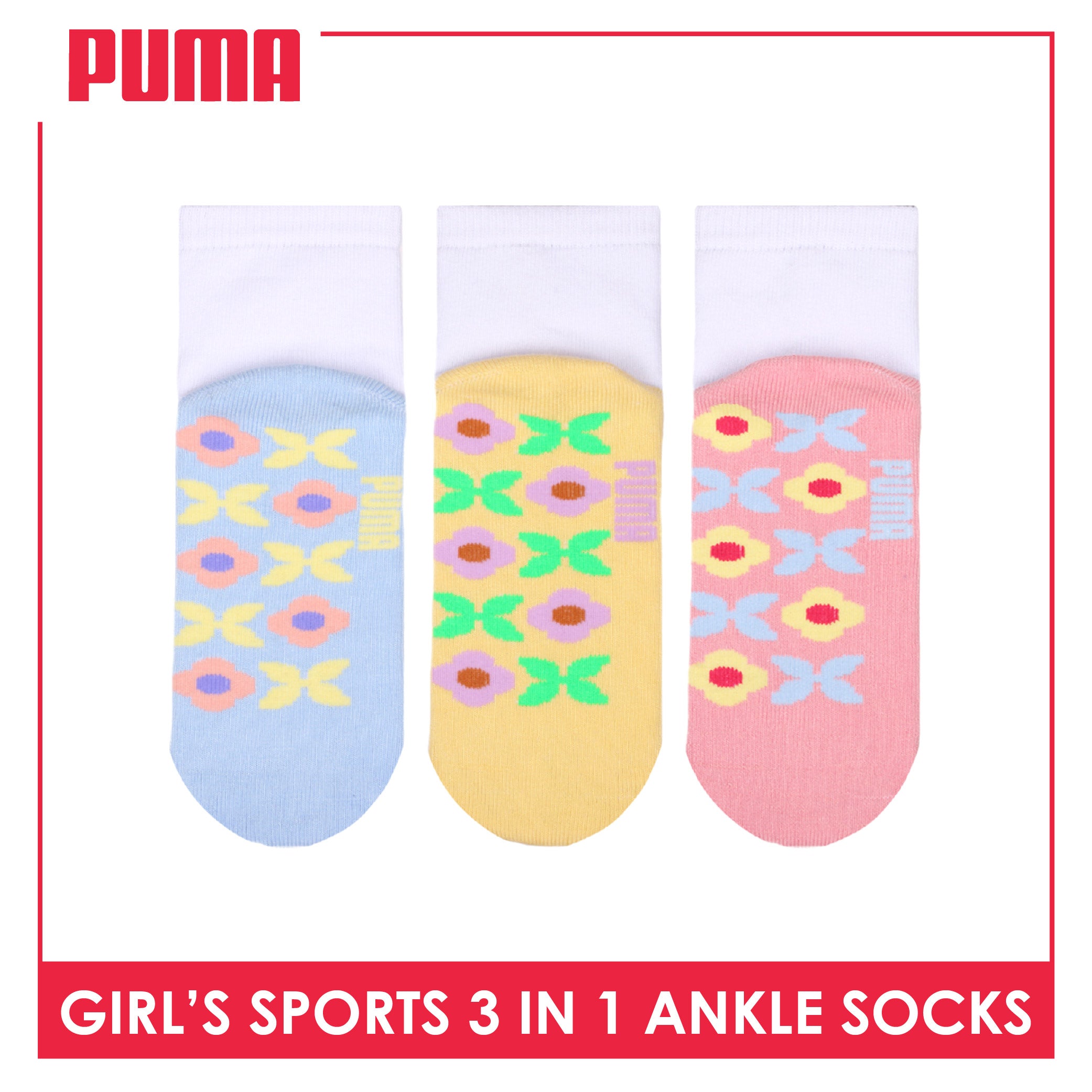 Puma Girls’ Cotton Thick Sports Ankle Socks 3 pairs in 1 pack PGSKG11