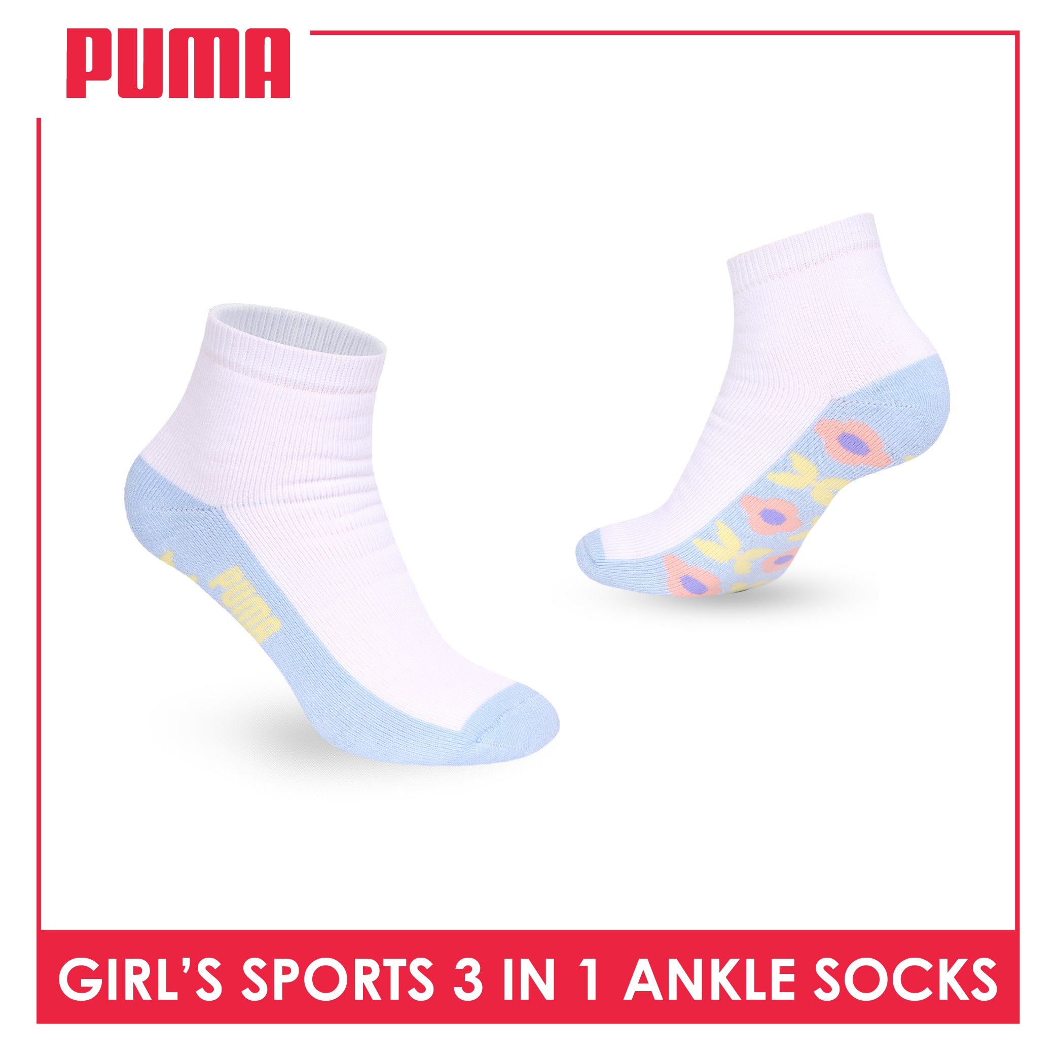 Puma Girls’ Cotton Thick Sports Ankle Socks 3 pairs in 1 pack PGSKG11