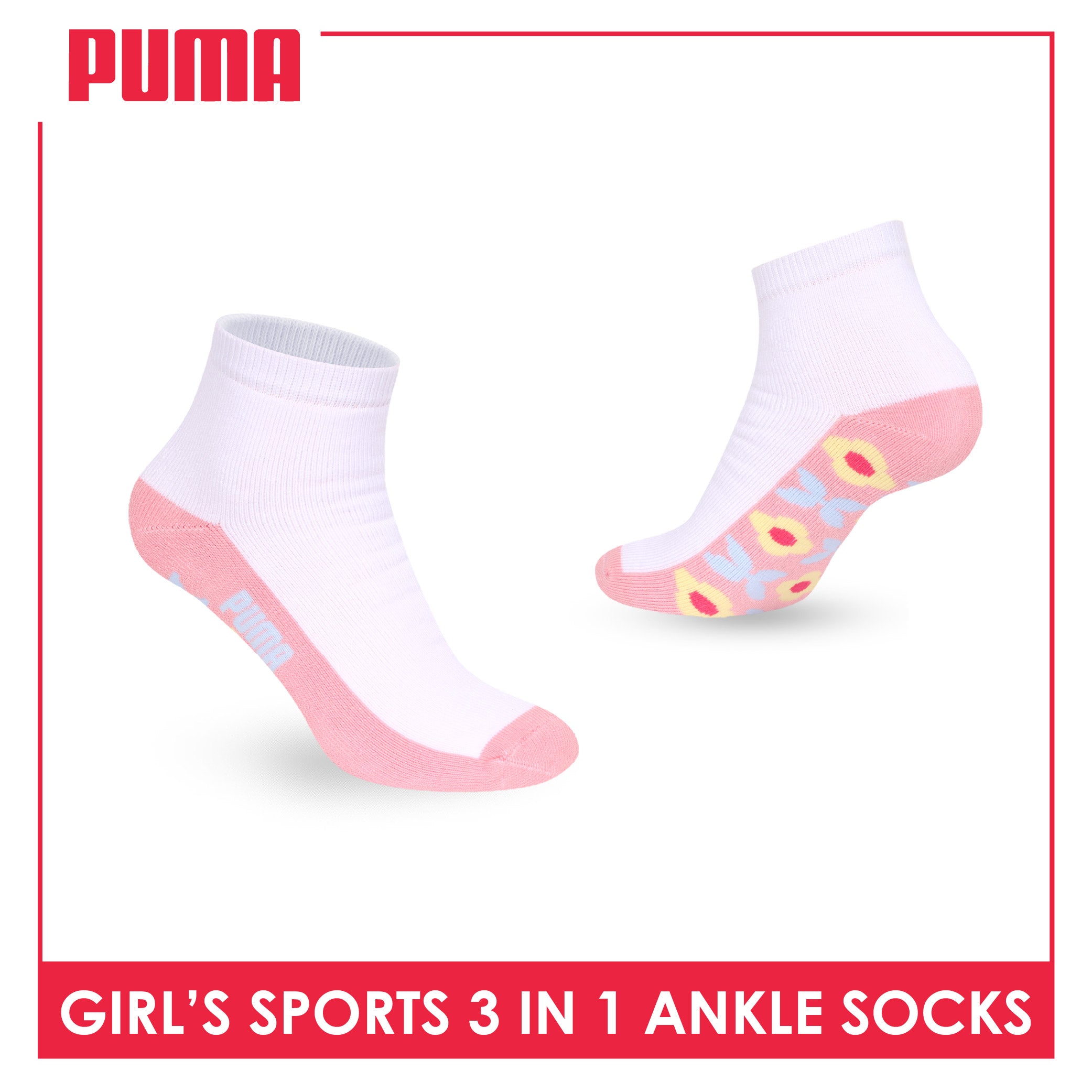 Puma Girls’ Cotton Thick Sports Ankle Socks 3 pairs in 1 pack PGSKG11