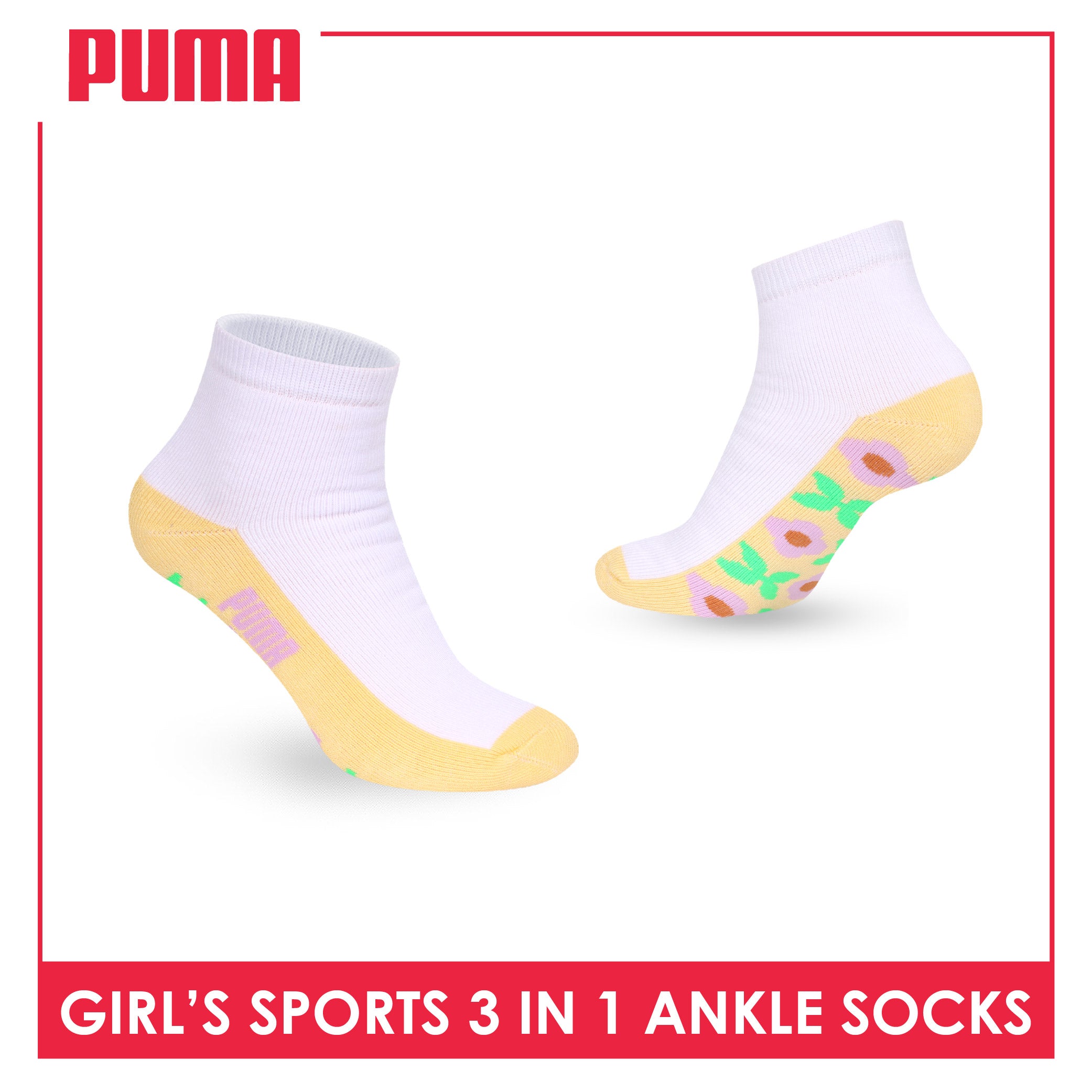 Puma Girls’ Cotton Thick Sports Ankle Socks 3 pairs in 1 pack PGSKG11
