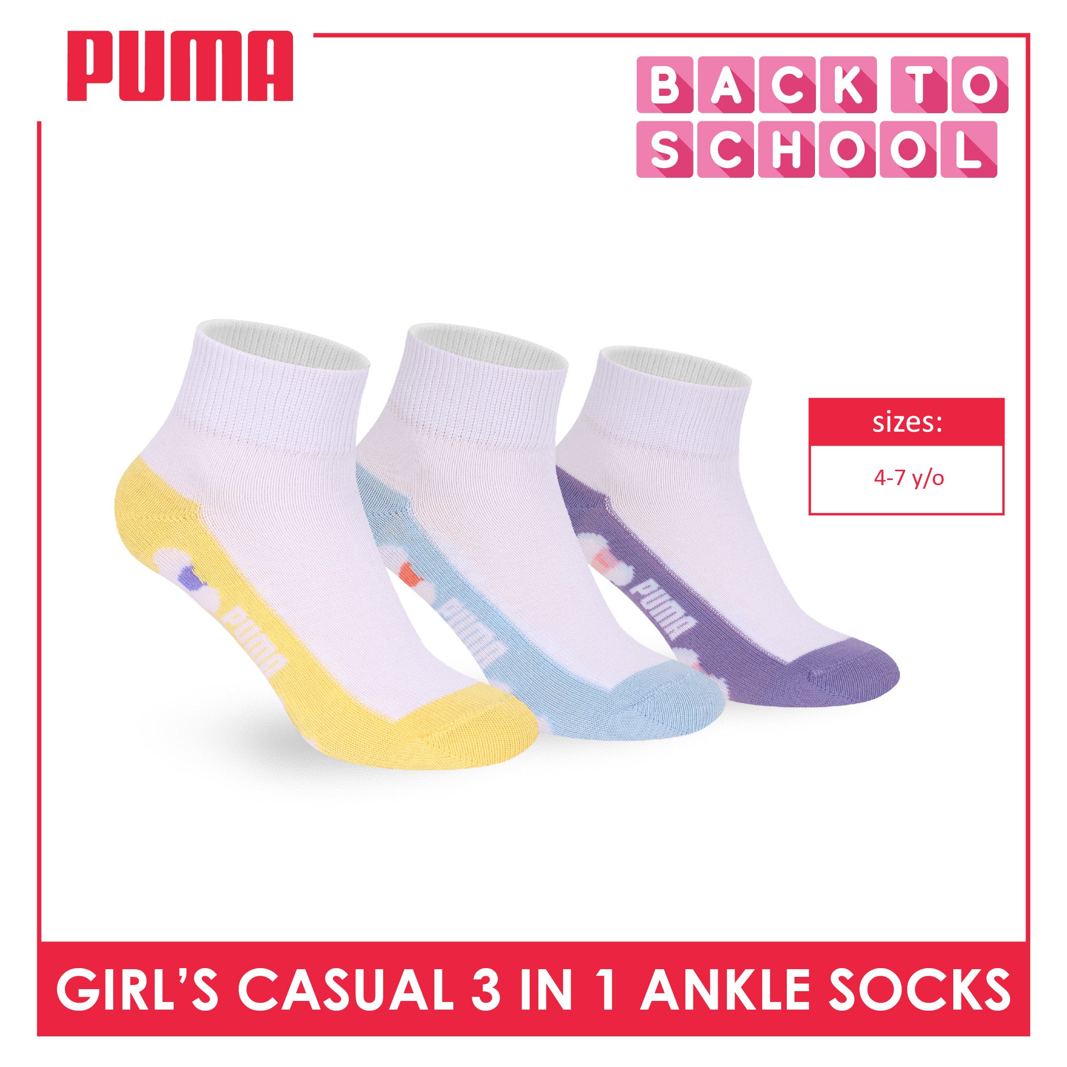 Puma Girls’ Cotton Thin Casual Ankle Socks 3 pairs in 1 pack PGCKG28