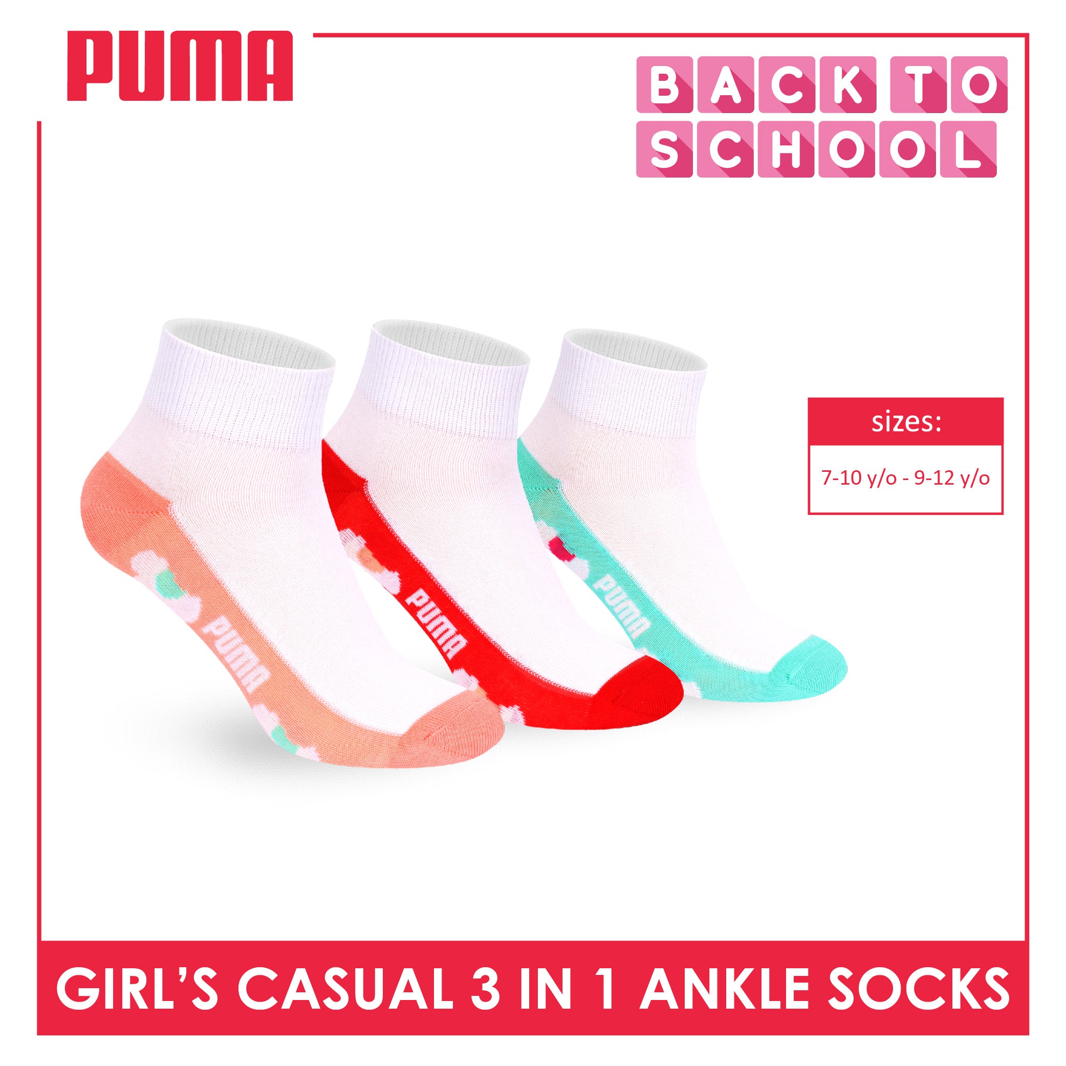 Puma Girls’ Cotton Thin Casual Ankle Socks 3 pairs in 1 pack PGCKG28