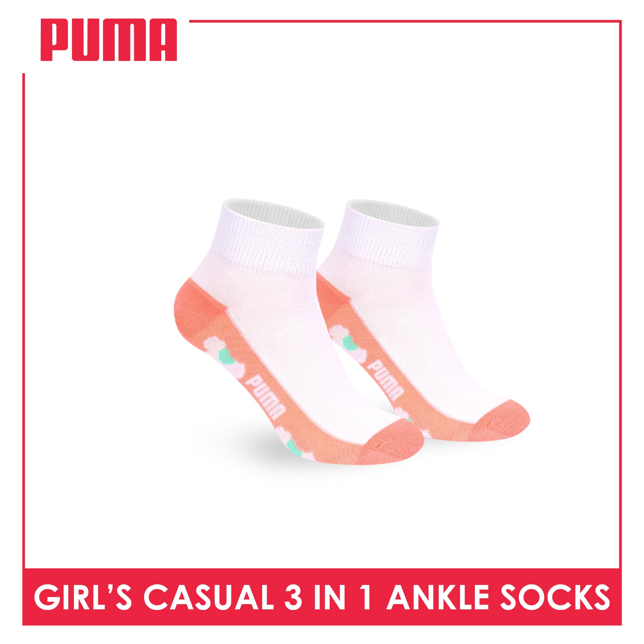 Puma Girls’ Cotton Thin Casual Ankle Socks 3 pairs in 1 pack PGCKG28