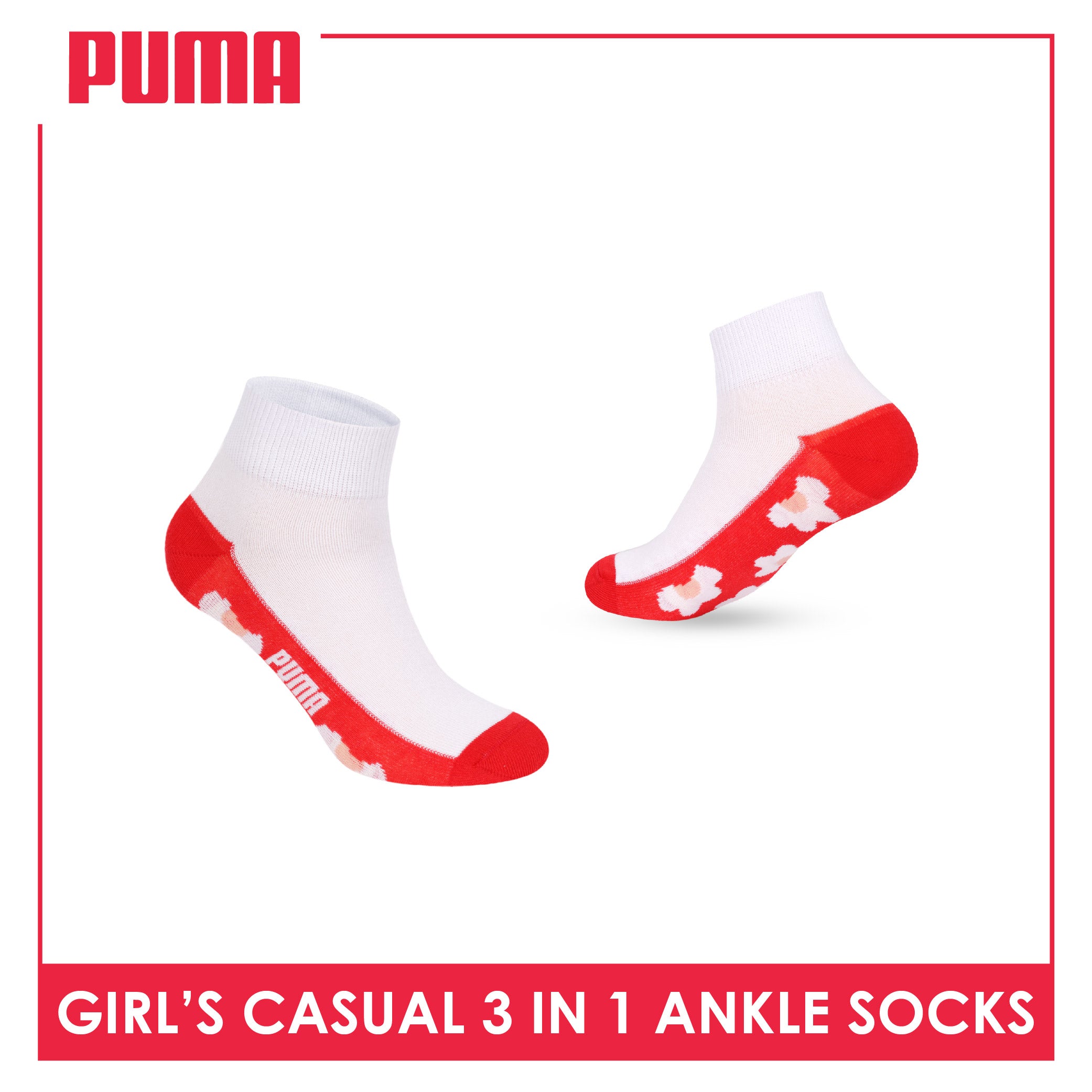 Puma Girls’ Cotton Thin Casual Ankle Socks 3 pairs in 1 pack PGCKG28