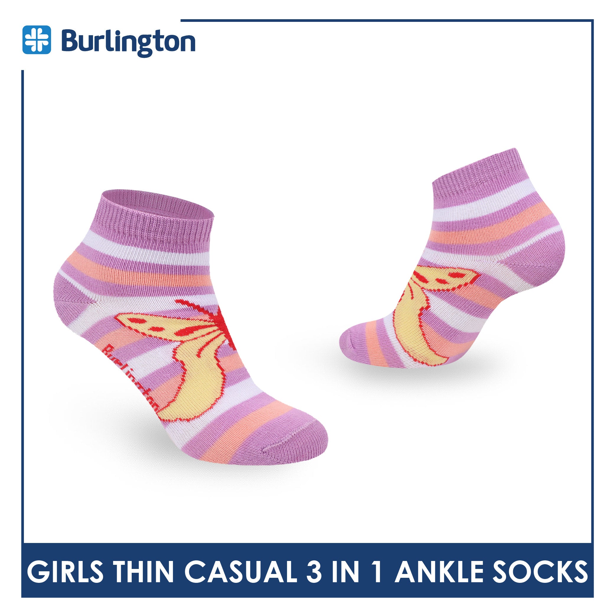 Burlington Girl's Cotton Thin Casual Ankle Socks 3 pairs in 1 pack BGCG612