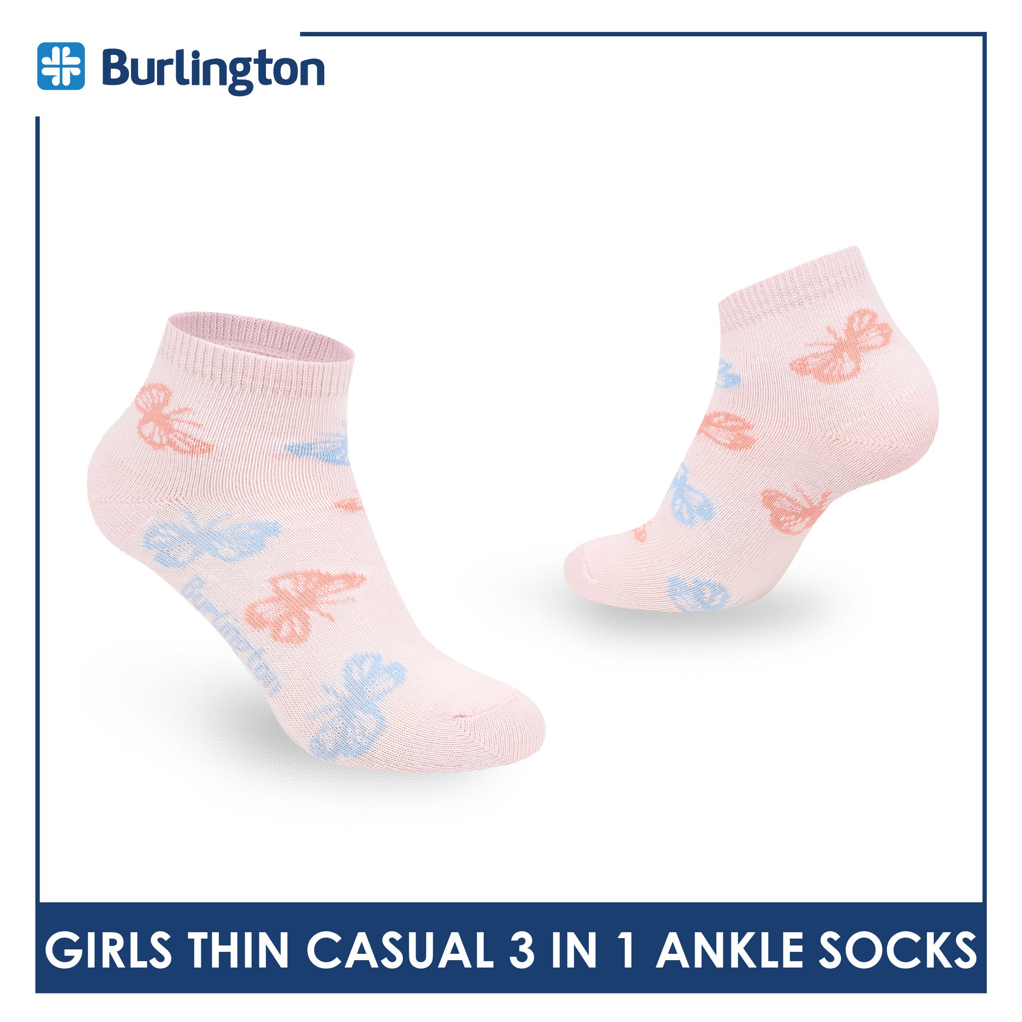 Burlington Girl's Cotton Thin Casual Ankle Socks 3 pairs in 1 pack BGCG612