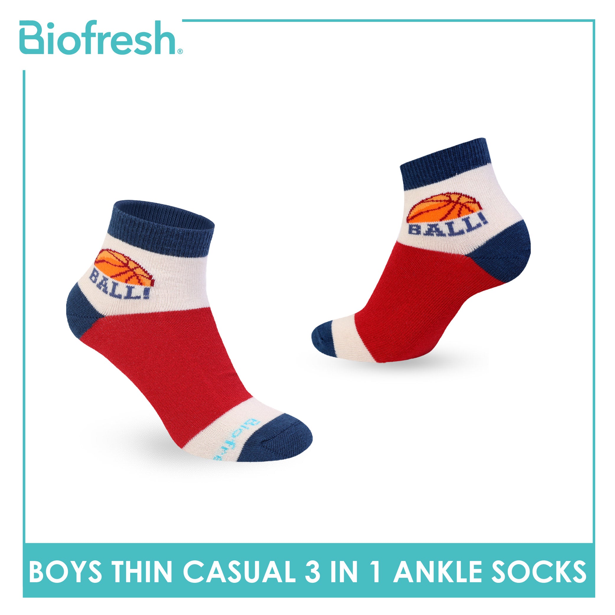 Biofresh Boys’ Cotton Thin Casual Ankle Socks 3 pairs in 1 pack RBCG617