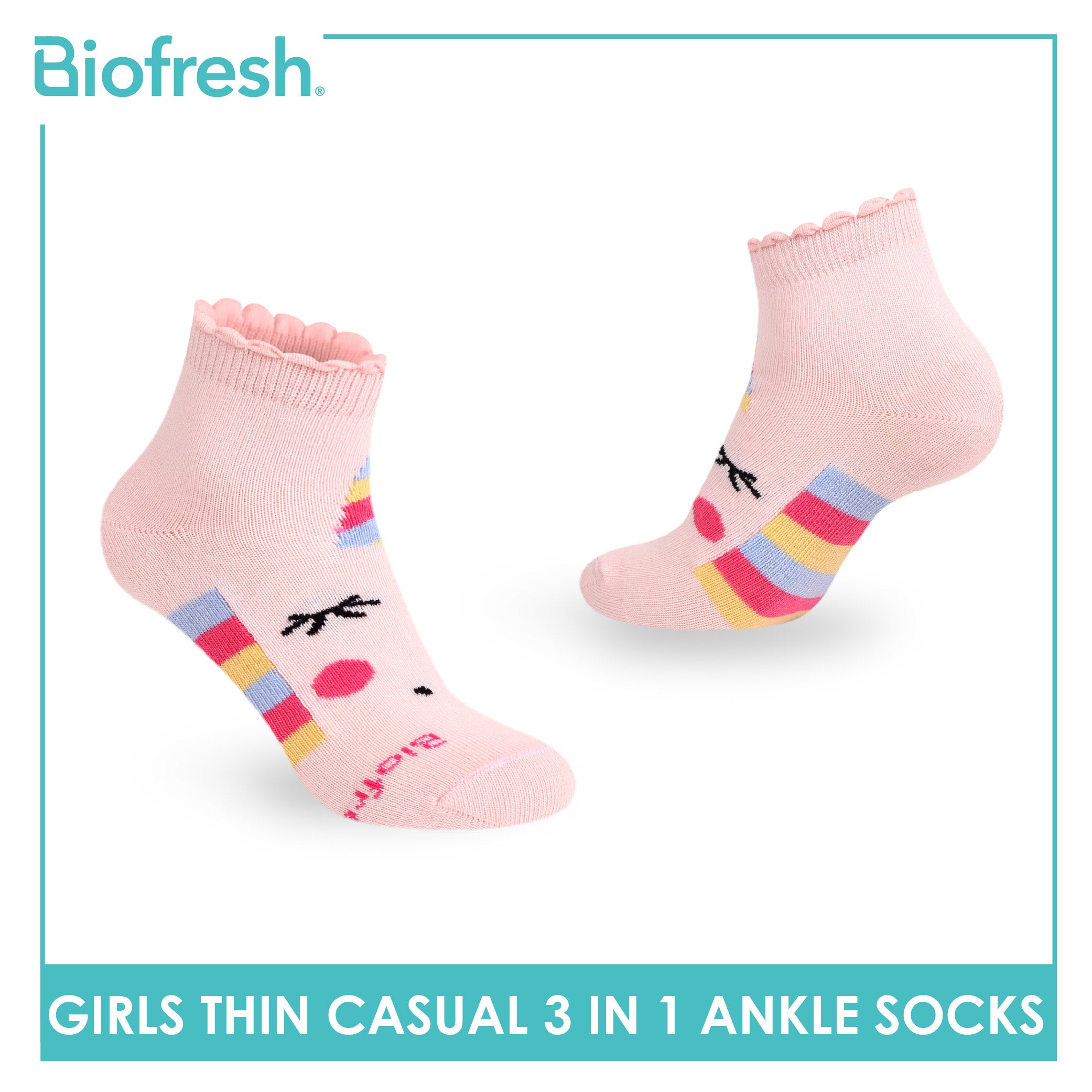 Biofresh Girl's Cotton Thin Casual Ankle Socks 3 pairs in 1 pack RGCG611