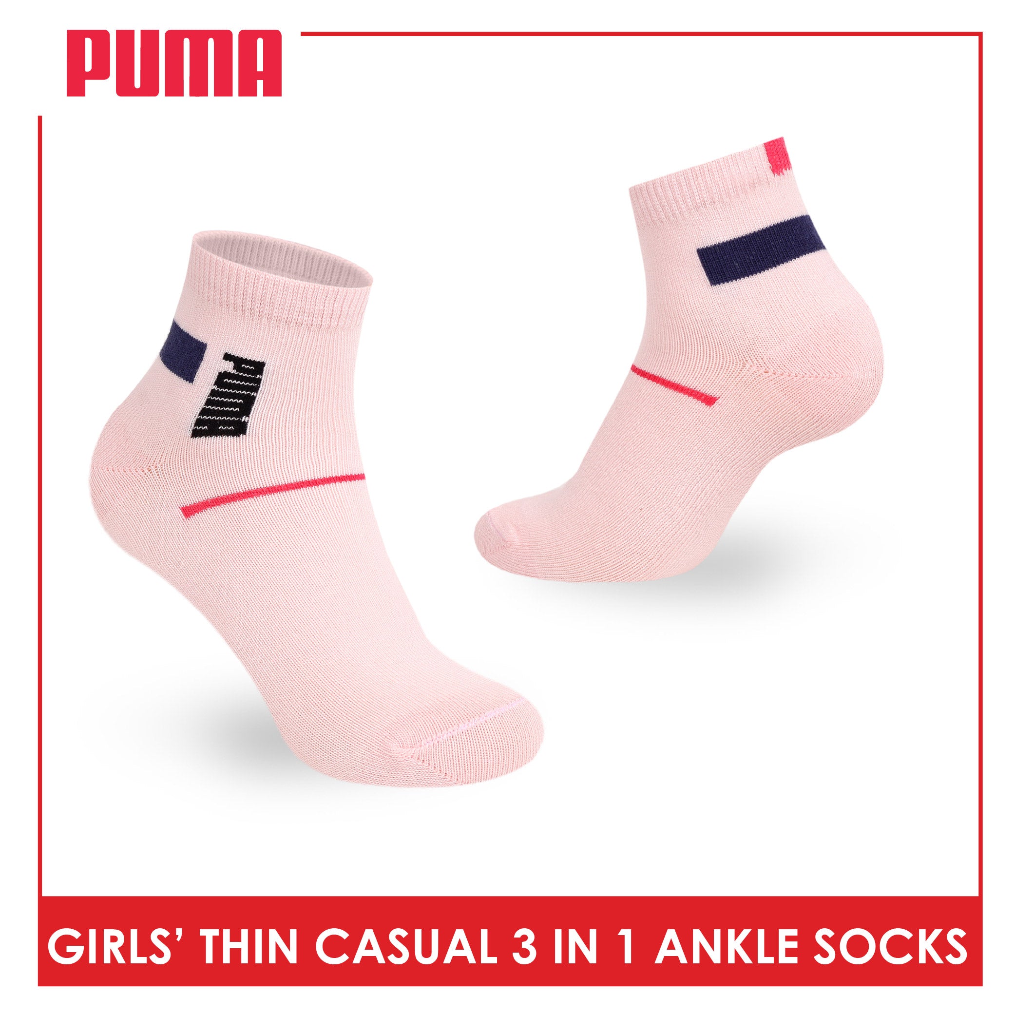 Puma Girl's Cotton Thin Casual Ankle Socks 3 pairs in 1 pack PGCG611