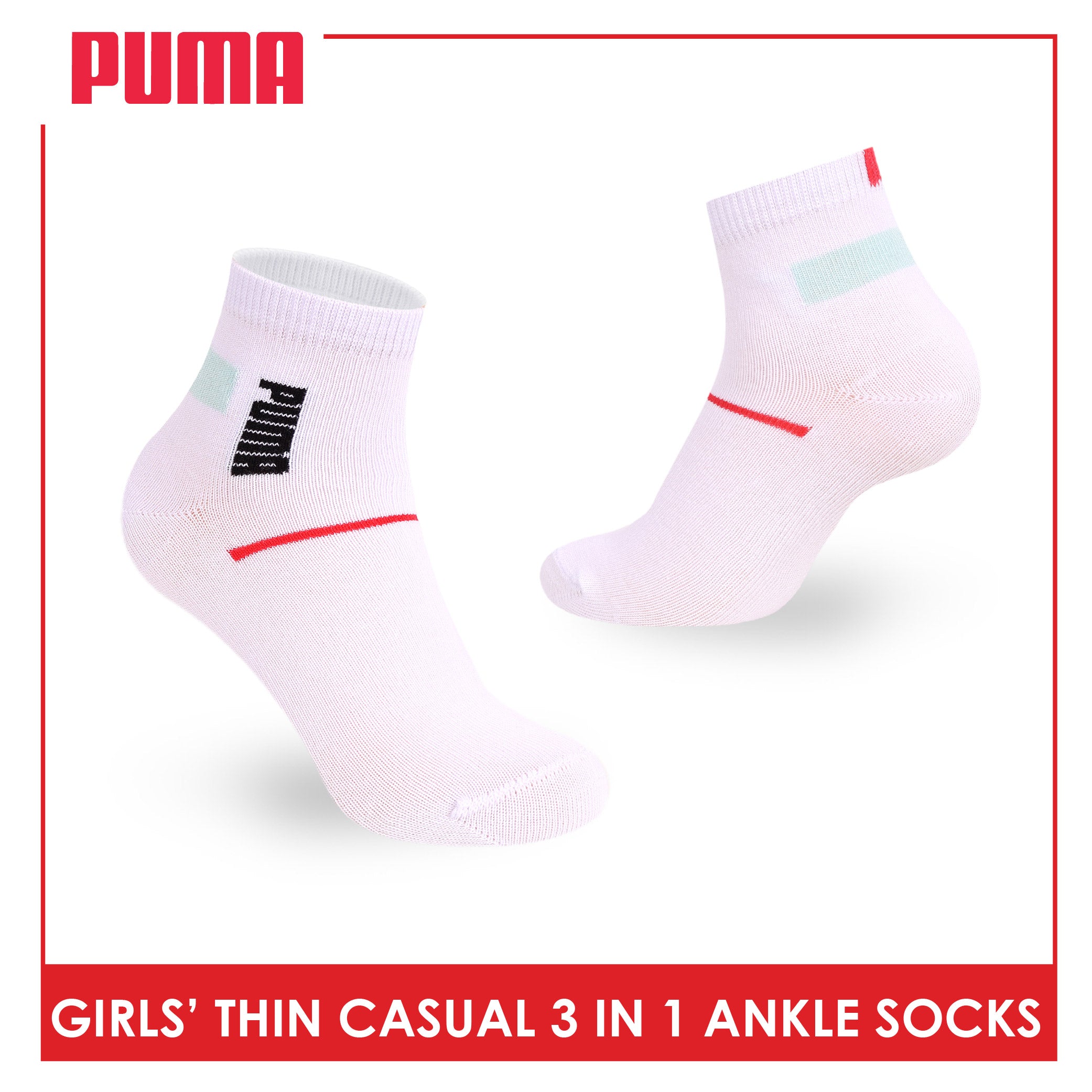 Puma Girl's Cotton Thin Casual Ankle Socks 3 pairs in 1 pack PGCG611