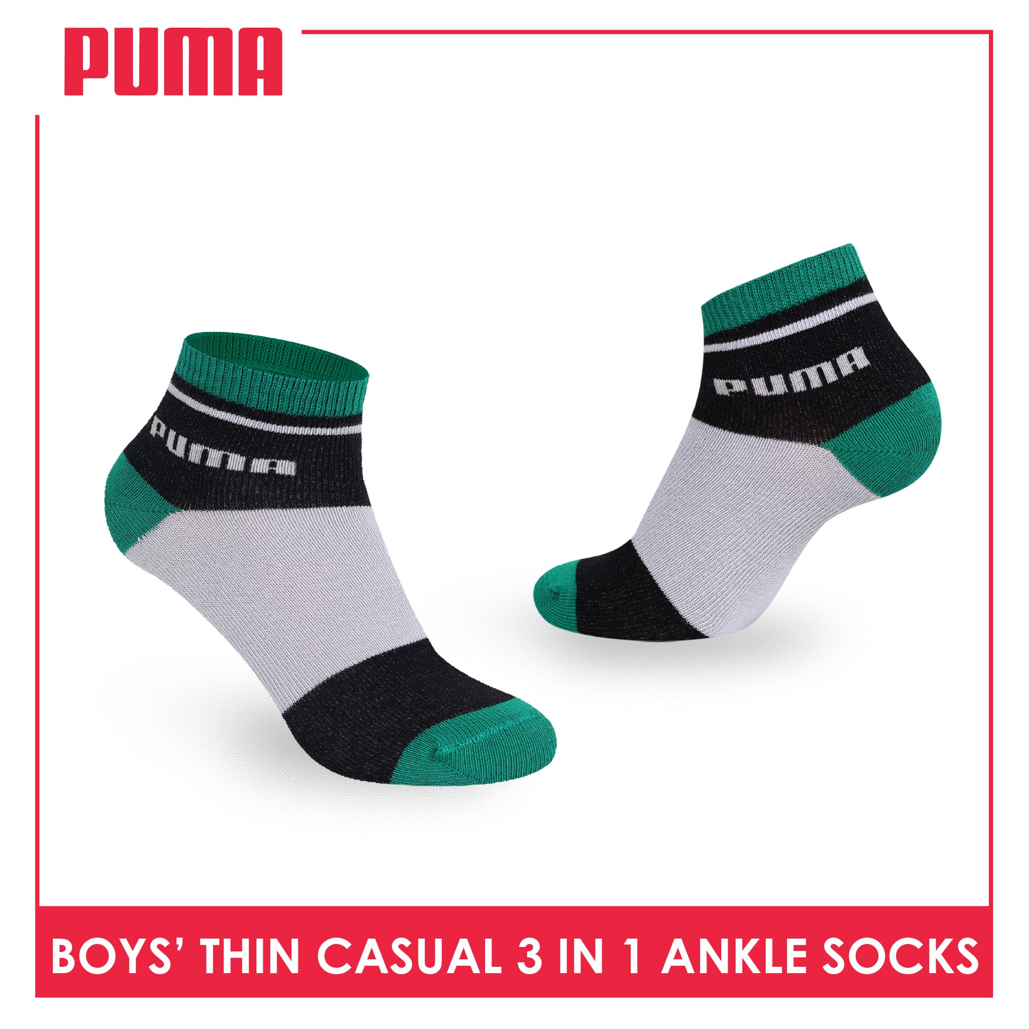 Puma Boys’ Cotton Thin Casual Ankle Socks 3 pairs in 1 pack PBCG611