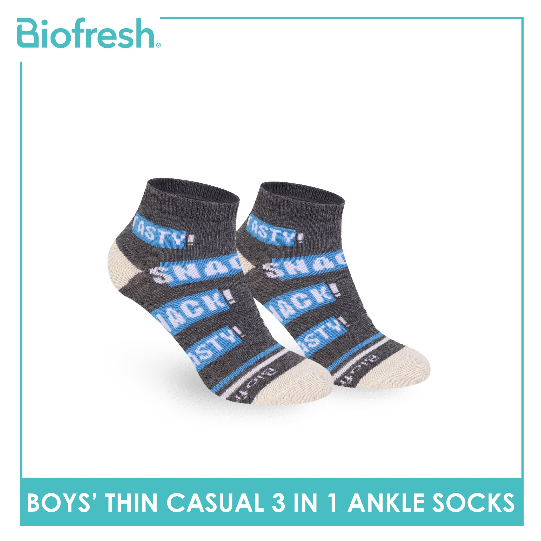 Biofresh Boys' Antimicrobial Cotton Thin Casual Ankle Socks 3 pairs in 1 pack RBCG616