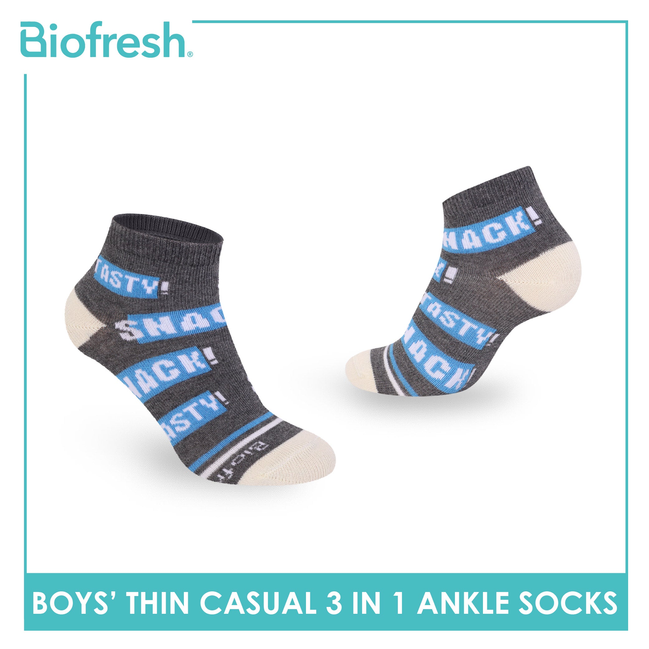 Biofresh Boys' Antimicrobial Cotton Thin Casual Ankle Socks 3 pairs in 1 pack RBCG616