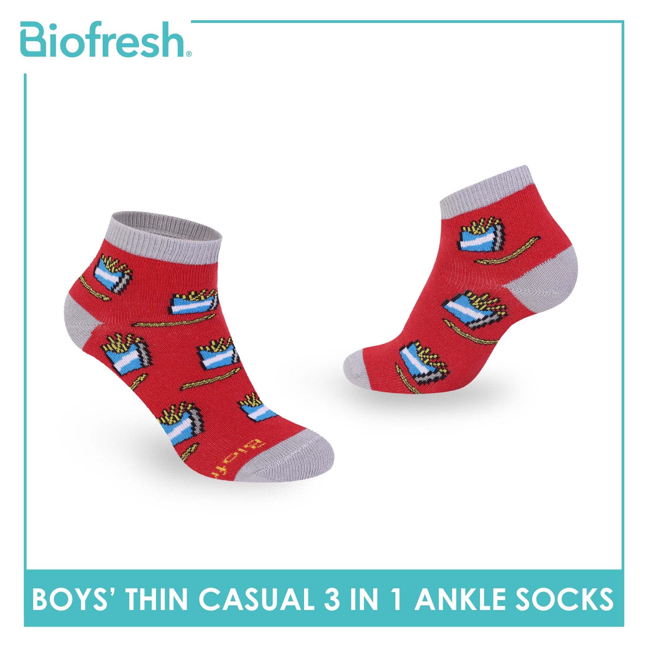 Biofresh Boys' Antimicrobial Cotton Thin Casual Ankle Socks 3 pairs in 1 pack RBCG616