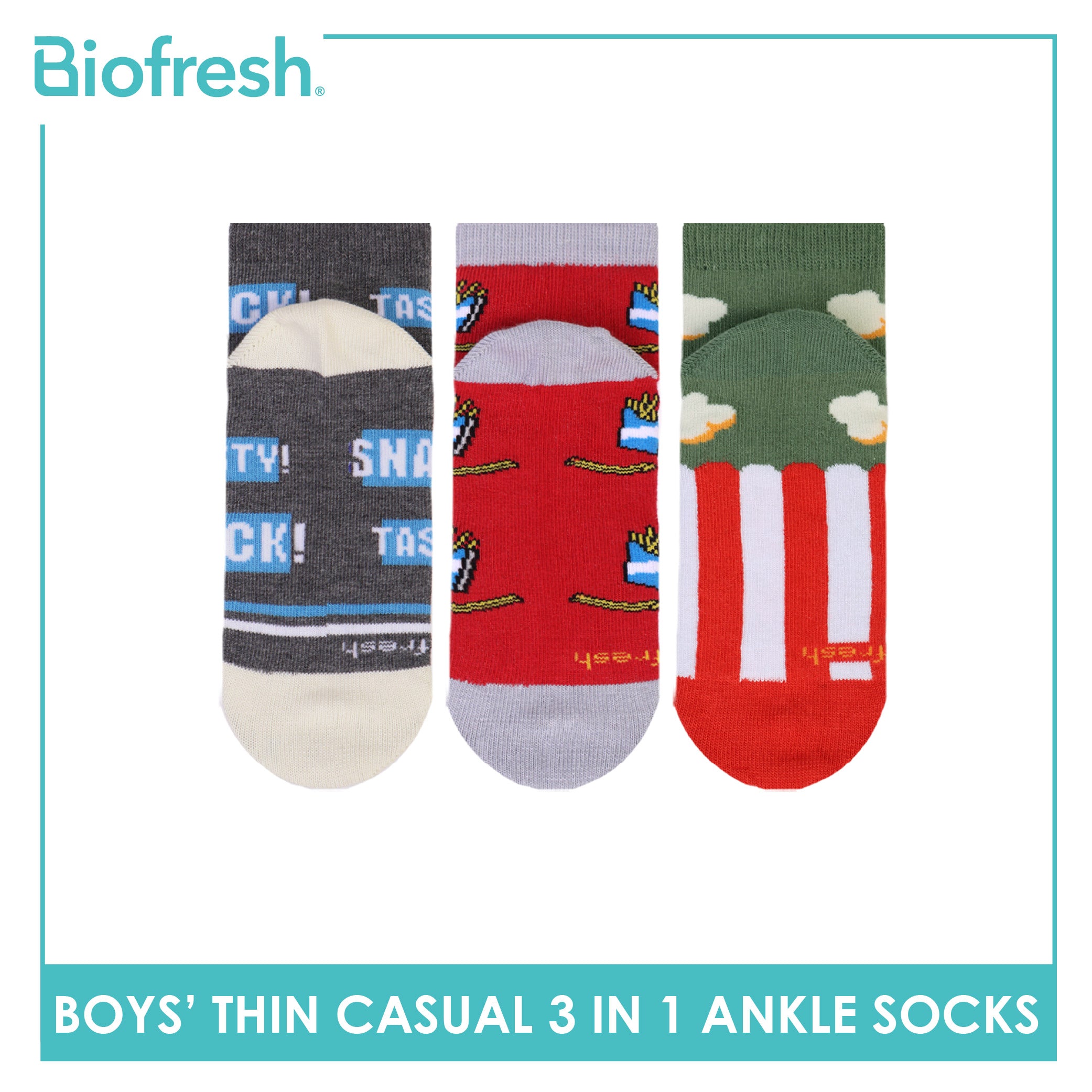 Biofresh Boys' Antimicrobial Cotton Thin Casual Ankle Socks 3 pairs in 1 pack RBCG616