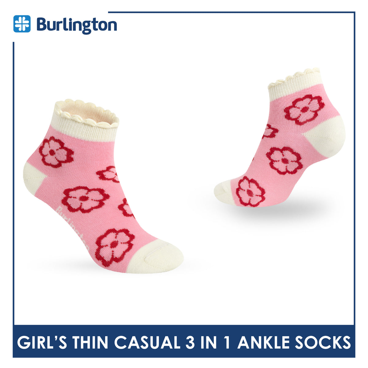 Burlington Girl's Cotton Thin Casual Ruffle Ankle Socks 3 pairs in 1 pack BGCG634