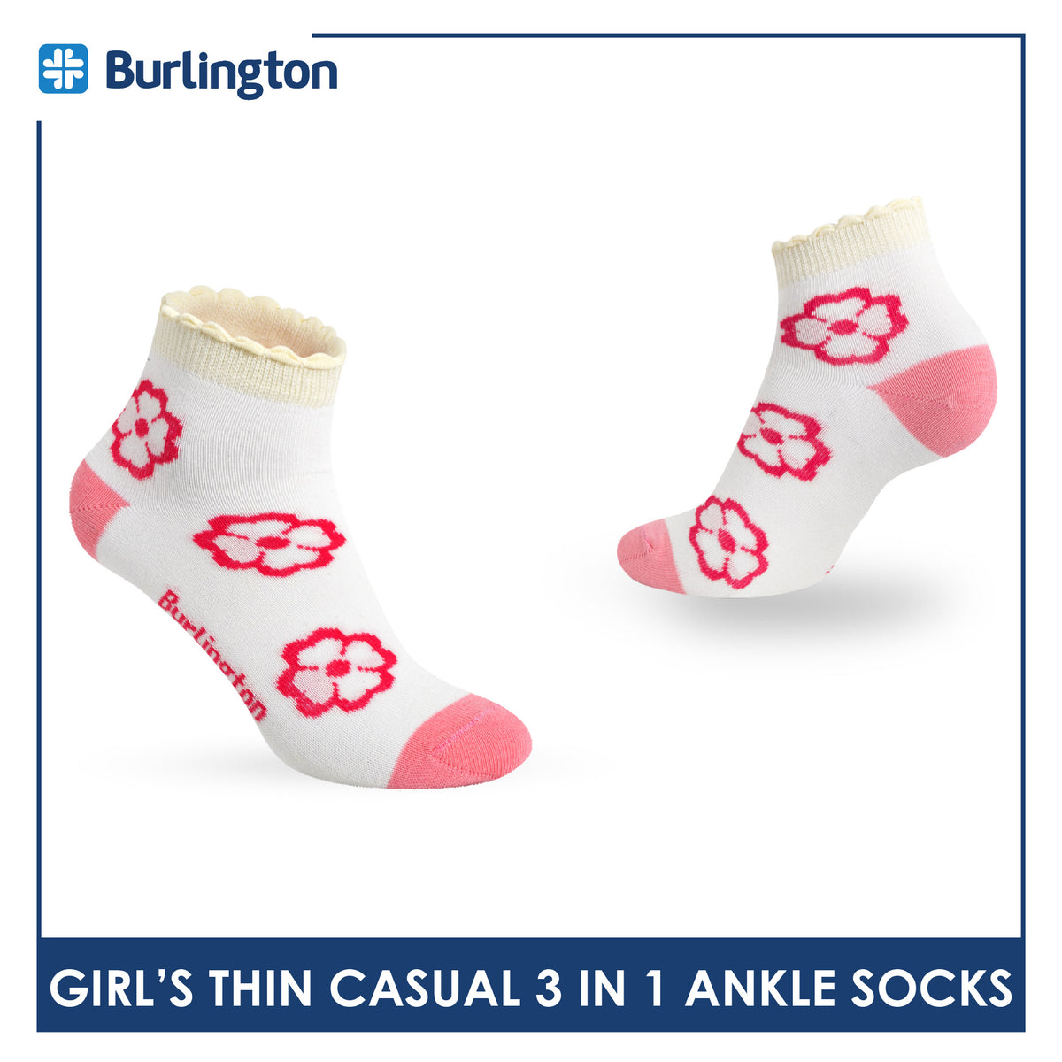 Burlington Girl's Cotton Thin Casual Ruffle Ankle Socks 3 pairs in 1 pack BGCG634