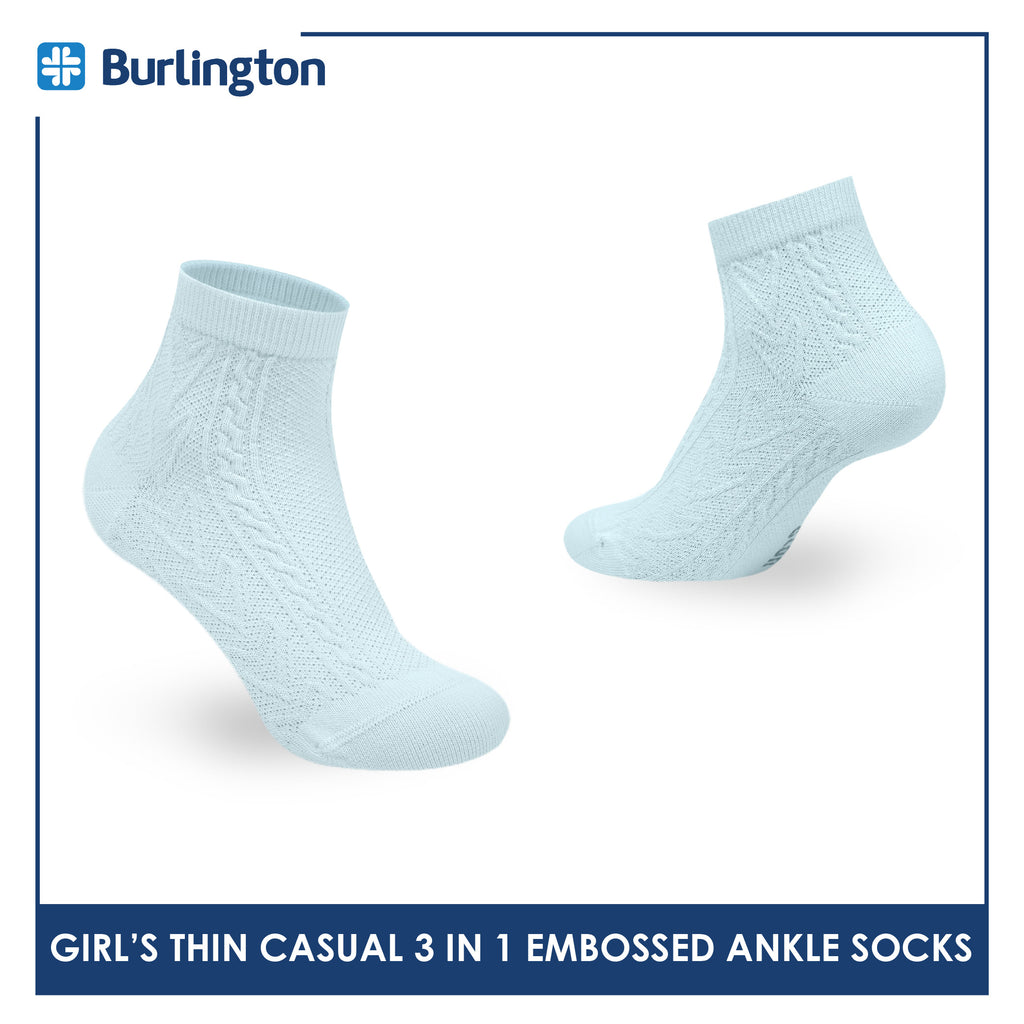 Burlington Girls’ Embossed Cotton Thin Casual Ankle Socks 3 pairs in 1 pack BGCMG611