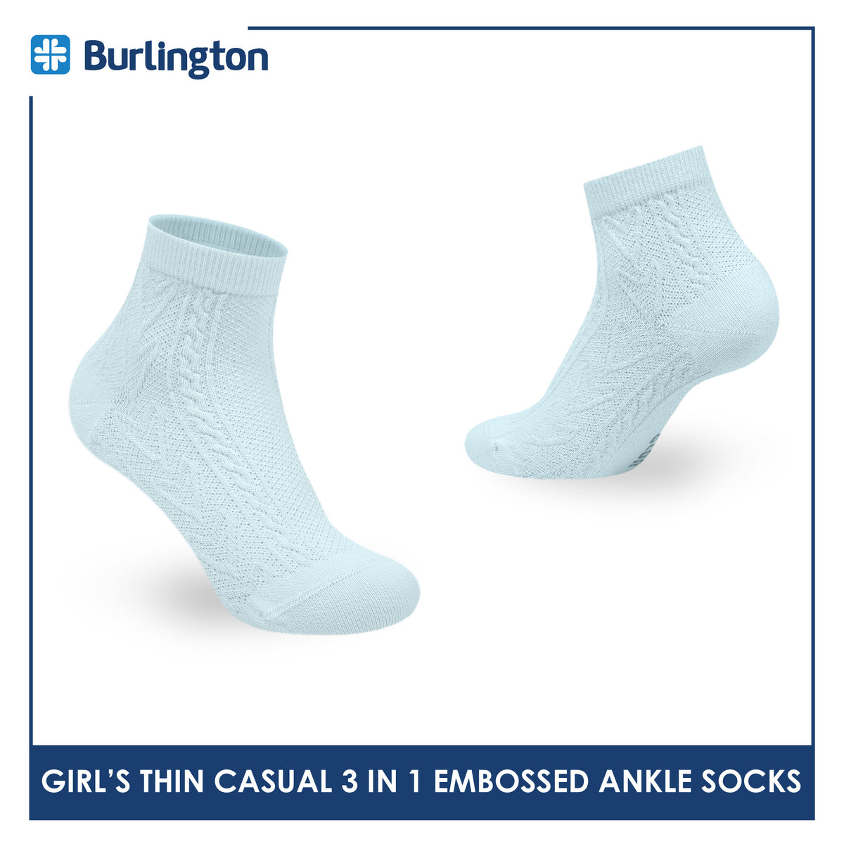 Burlington Girls’ Embossed Cotton Thin Casual Ankle Socks 3 pairs in 1 pack BGCMG611