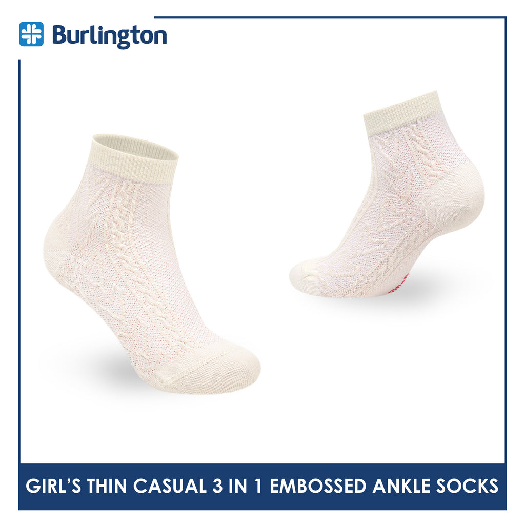 Burlington Girls’ Embossed Cotton Thin Casual Ankle Socks 3 pairs in 1 pack BGCMG611