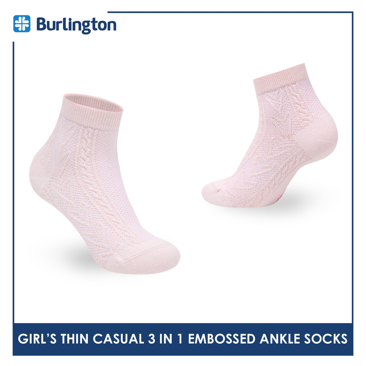 Burlington Girls’ Embossed Cotton Thin Casual Ankle Socks 3 pairs in 1 pack BGCMG611