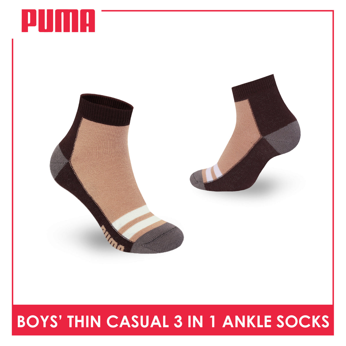 Puma Boys’ Cotton Thin Casual Ankle Socks 3 pairs in 1 pack PBCG612