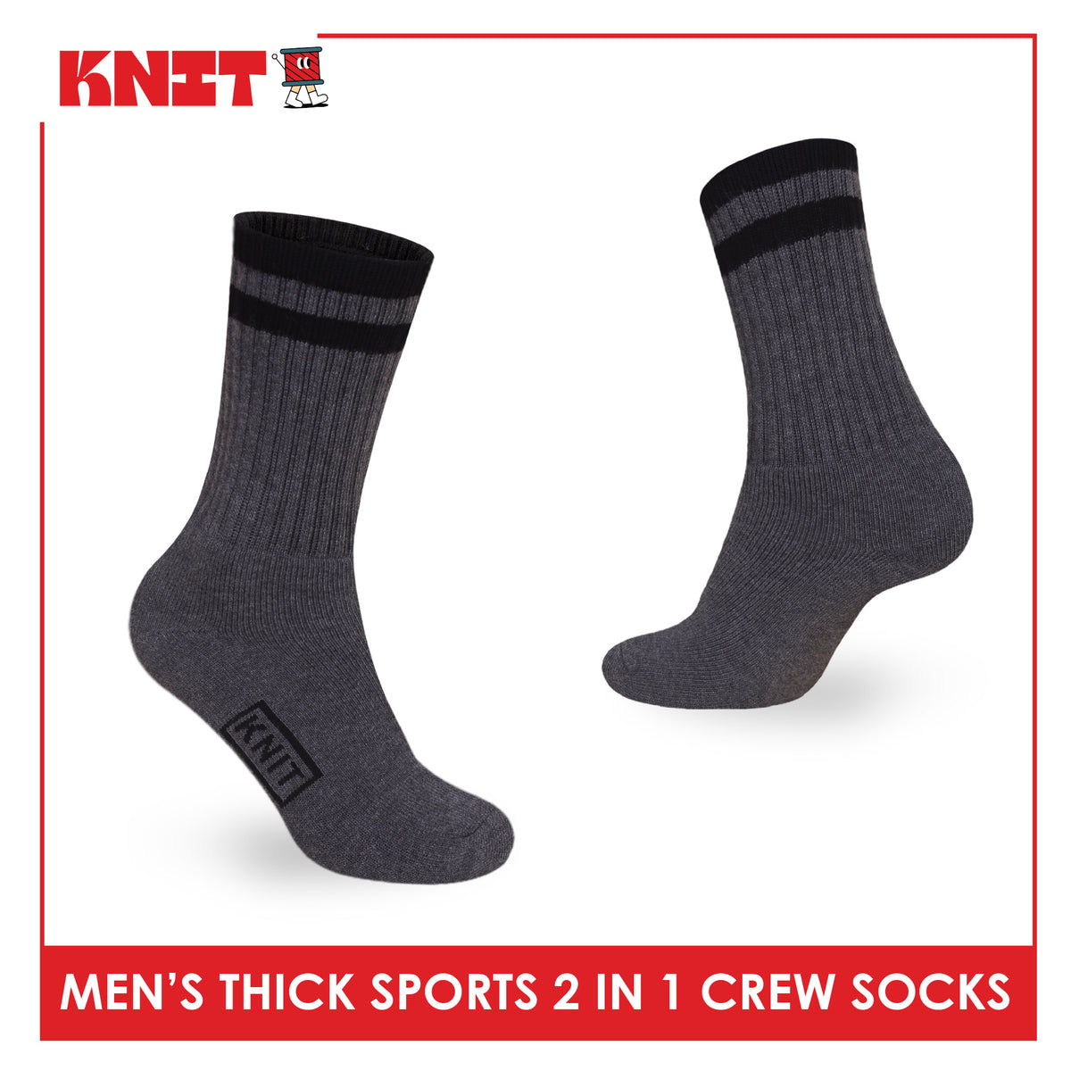 Knit Men's Cotton Thick Sports Crew Socks 2 pairs in 1 pack KMSKG5