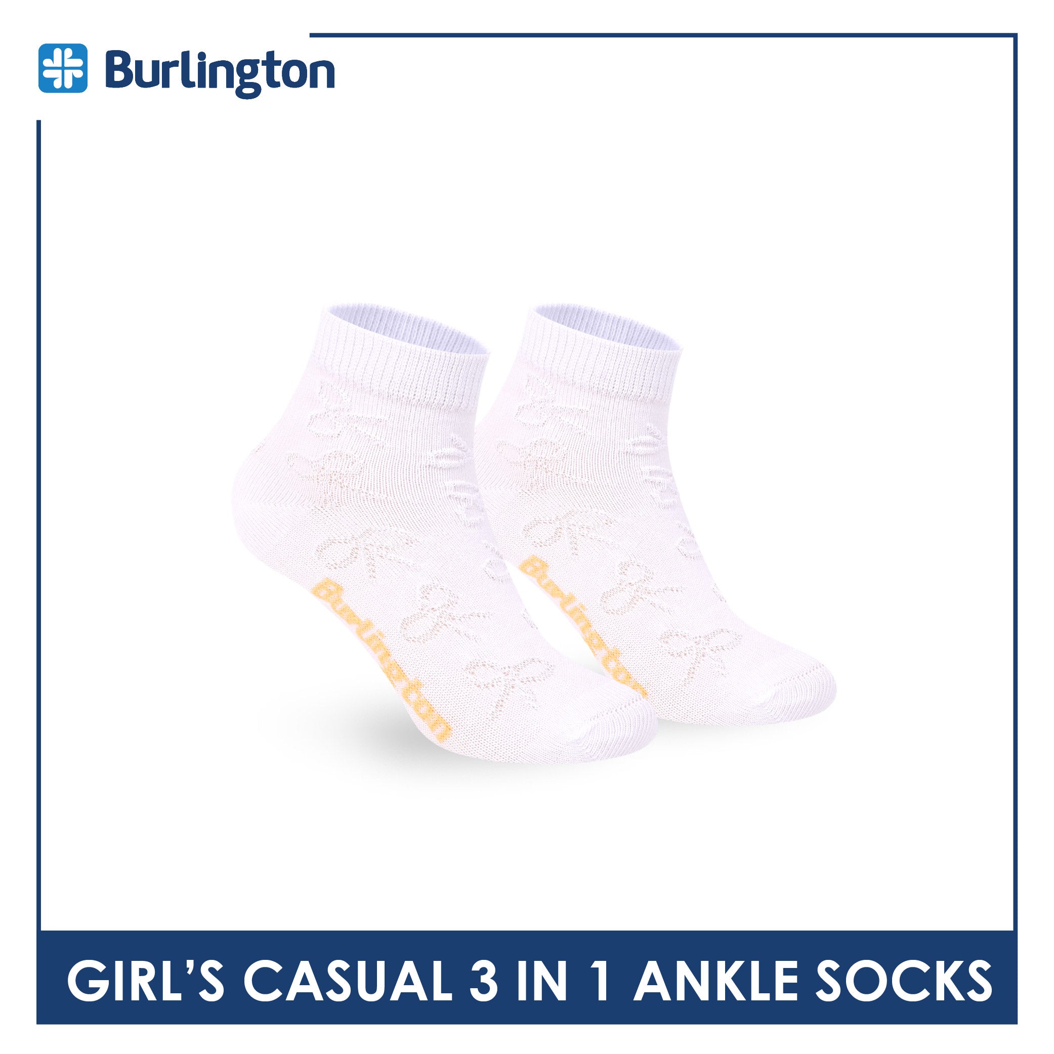 Burlington Girls’ Embossed Cotton Casual Ankle Socks 3 pairs in 1 pack BGCMG2