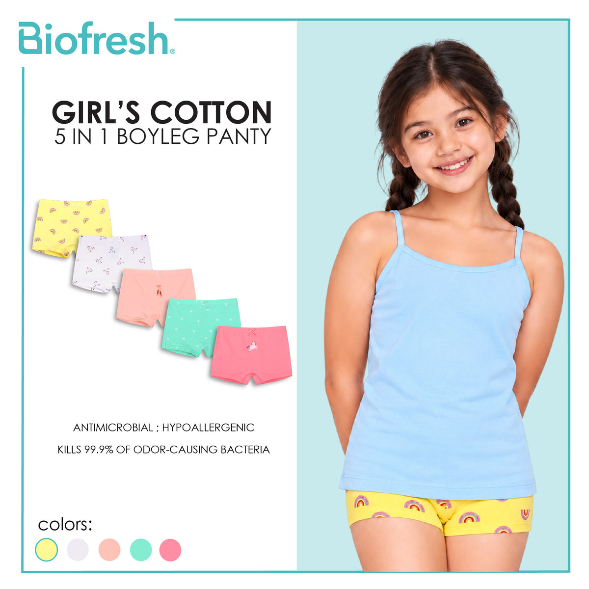 Biofresh Girls’ Antimicrobial Cotton Boyleg Panty 5 pieces in a pack UGPBG621F