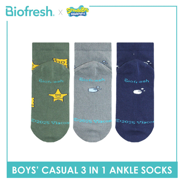 Biofresh | SpongeBob Boys' Antimicrobial Cotton Thin Casual Ankle Socks 3 pairs in 1 pack SBRBCG532