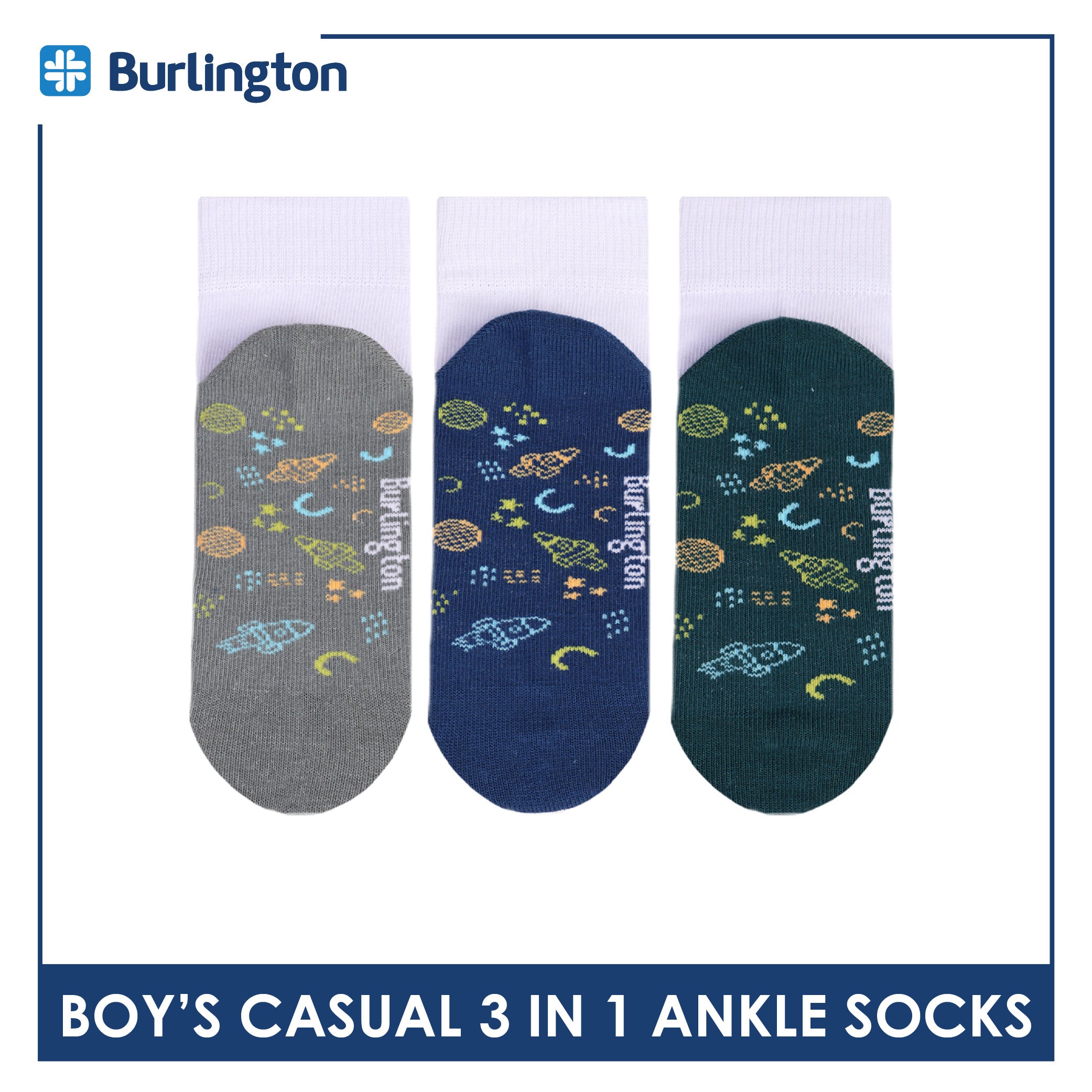 Burlington Boys’ Cotton Casual Ankle Socks 3 pairs in 1 pack BBCKG79