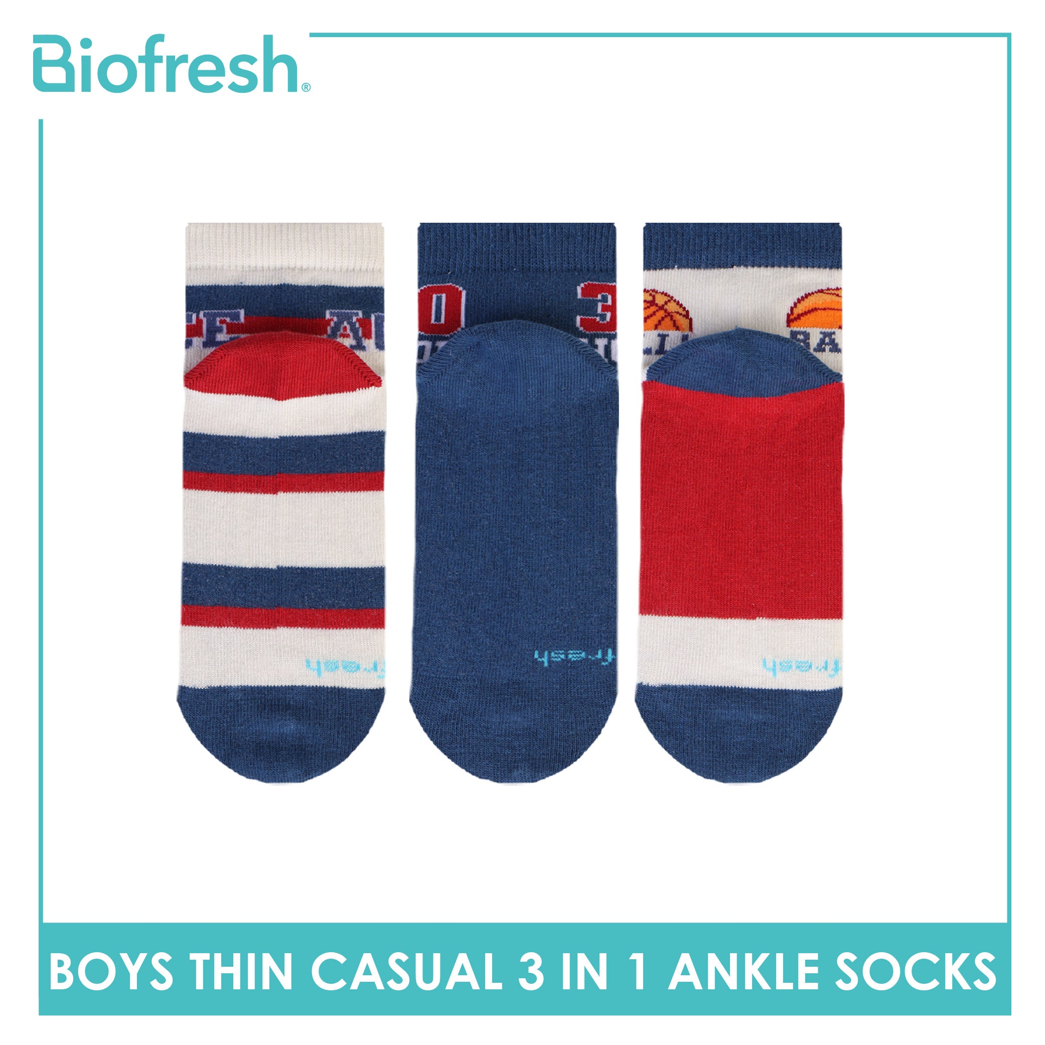 Biofresh Boys’ Cotton Thin Casual Ankle Socks 3 pairs in 1 pack RBCG617