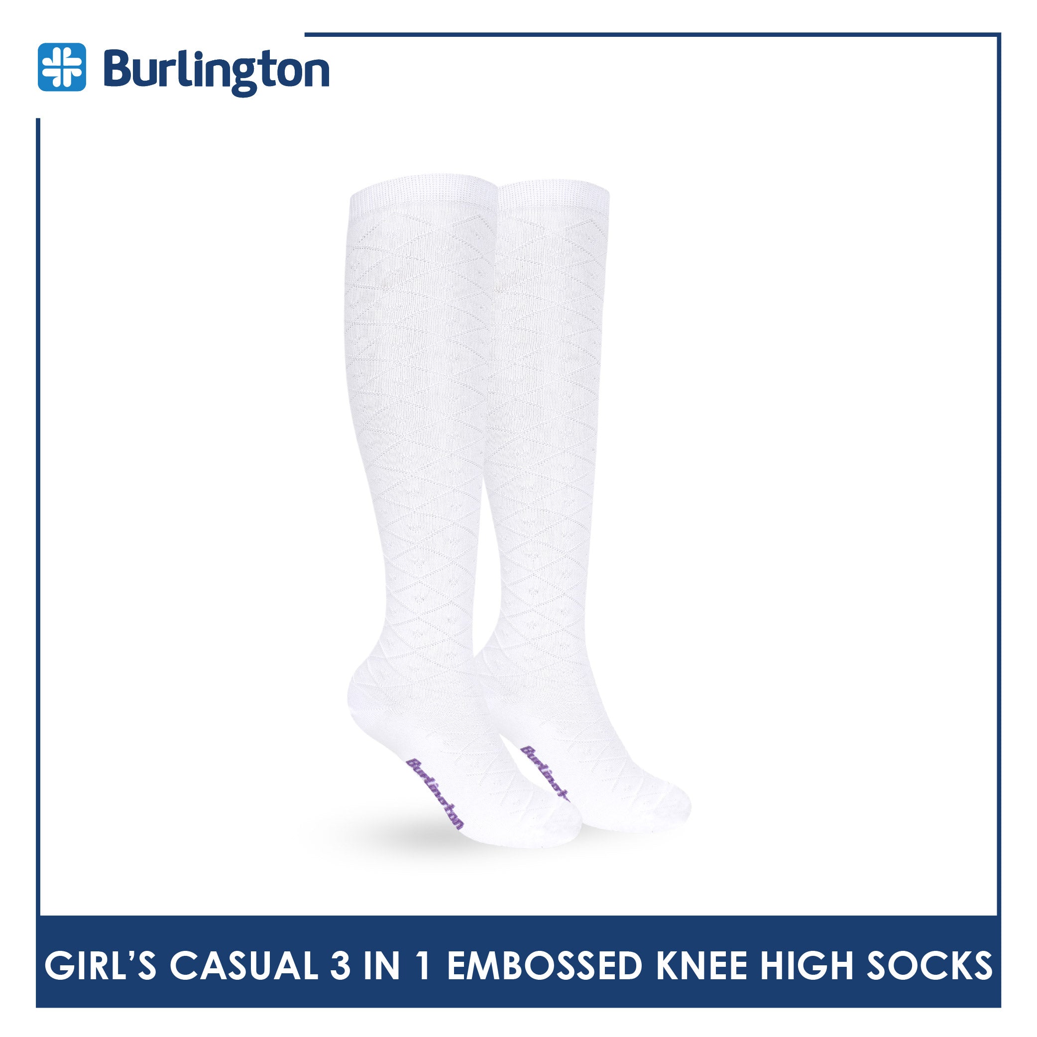 Burlington Girls’ Embossed Cotton Thin Casual Knee High Socks 3 pairs in 1 pack BGKHMG2