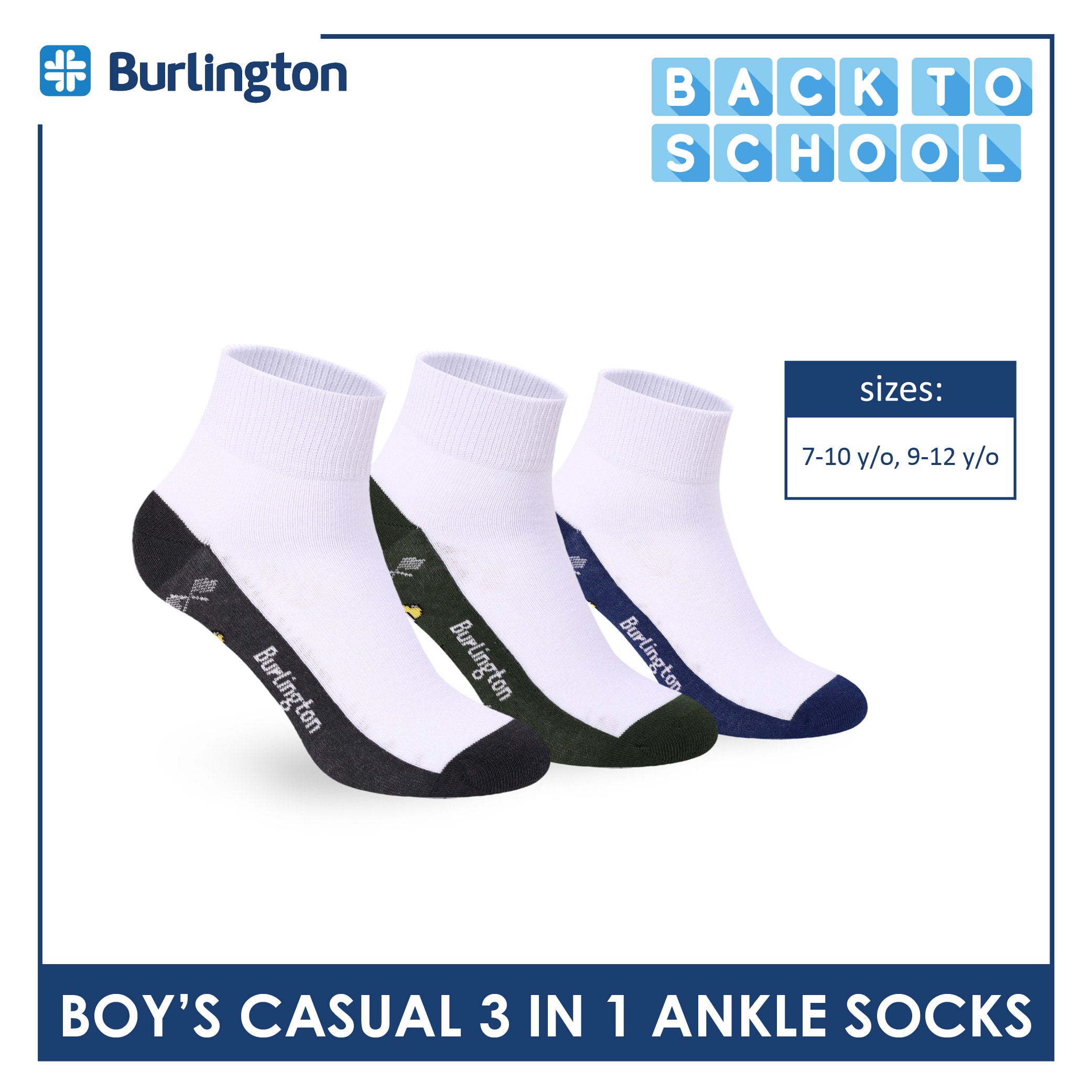 Burlington Boys’ Cotton Casual Ankle Socks 3 pairs in 1 pack BBCKG82