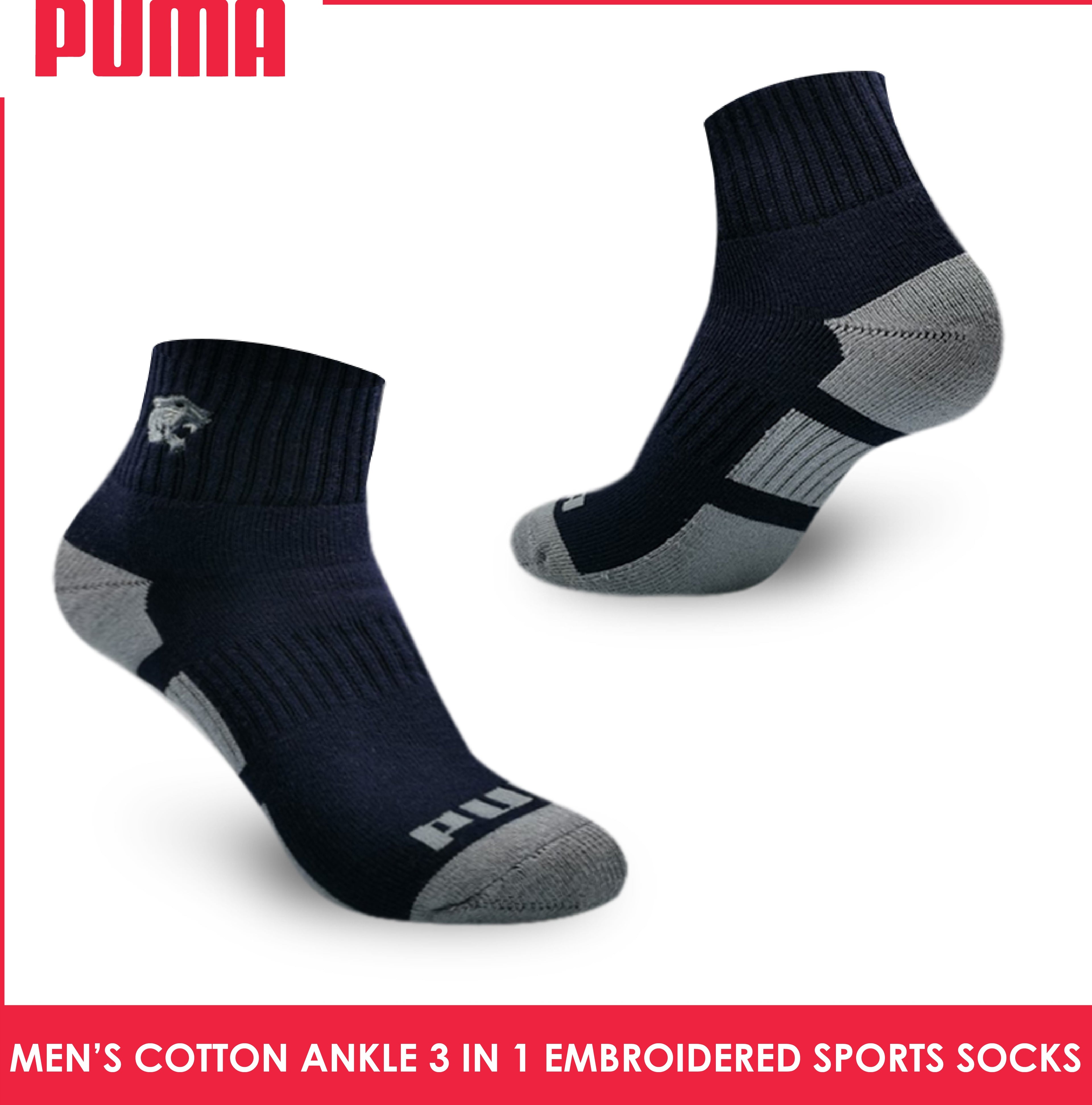 Puma Men's Emroidered Thick Sports Ankle Socks 3 pairs in a pack PMSEG9