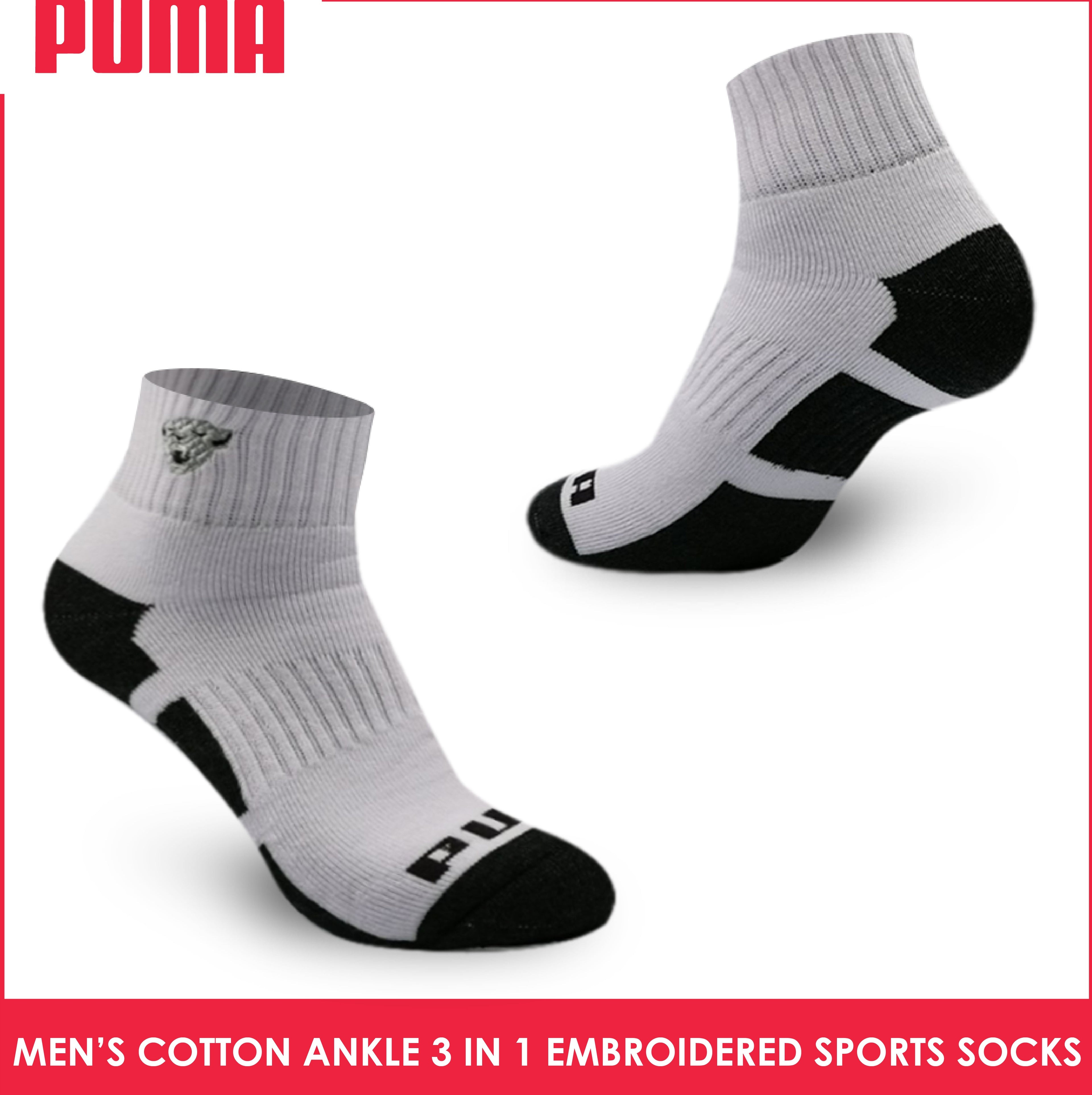 Puma Men's Emroidered Thick Sports Ankle Socks 3 pairs in a pack PMSEG9