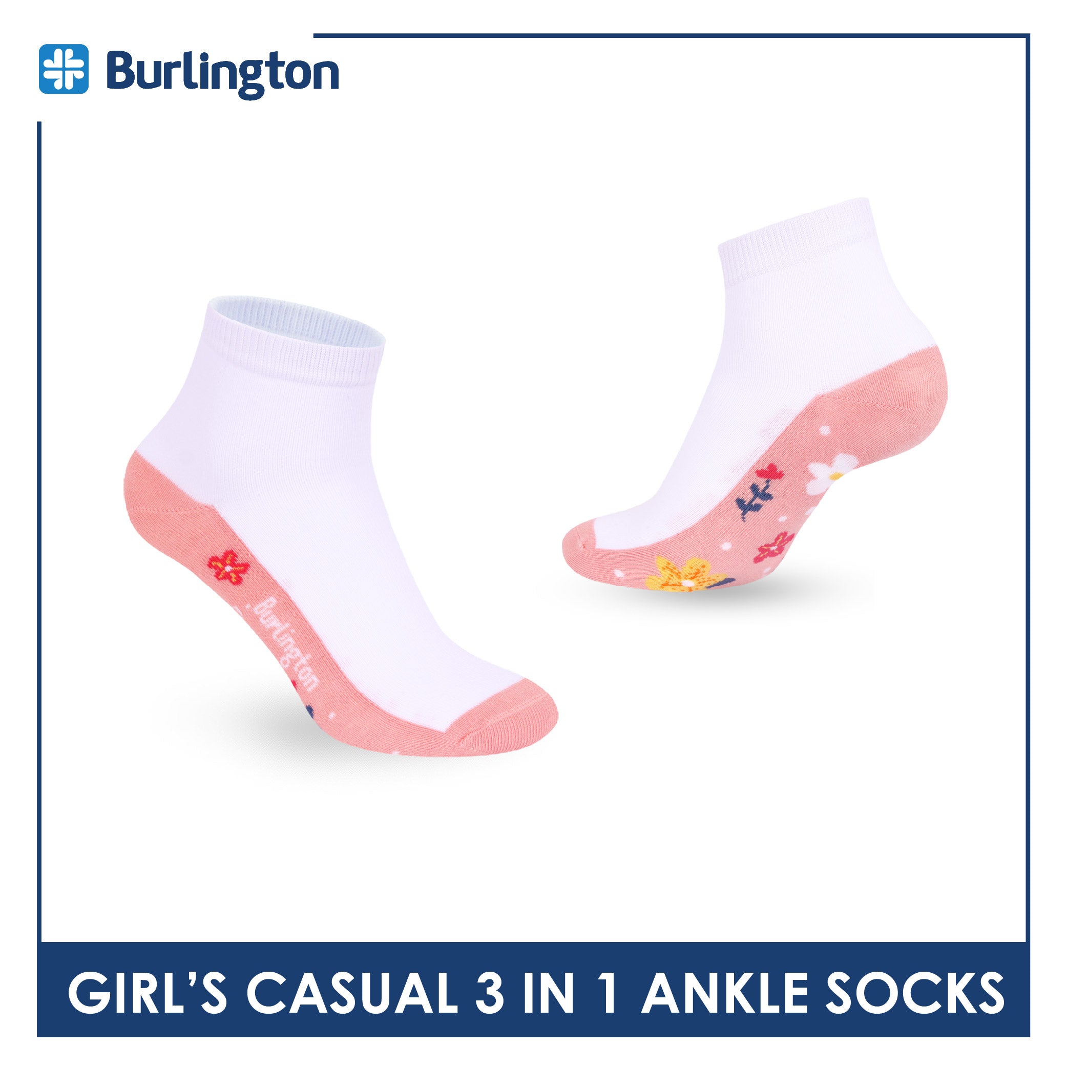 Burlington Girls’ Cotton Casual Ankle Socks 3 pairs in 1 pack BGCKG69