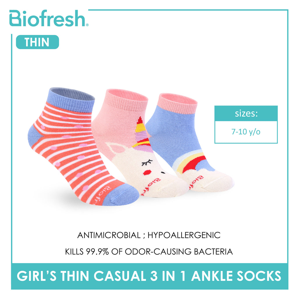 Biofresh Girl's Antimicrobial Cotton Thin Casual Ankle Socks 3 pairs in 1 pack RGCG613