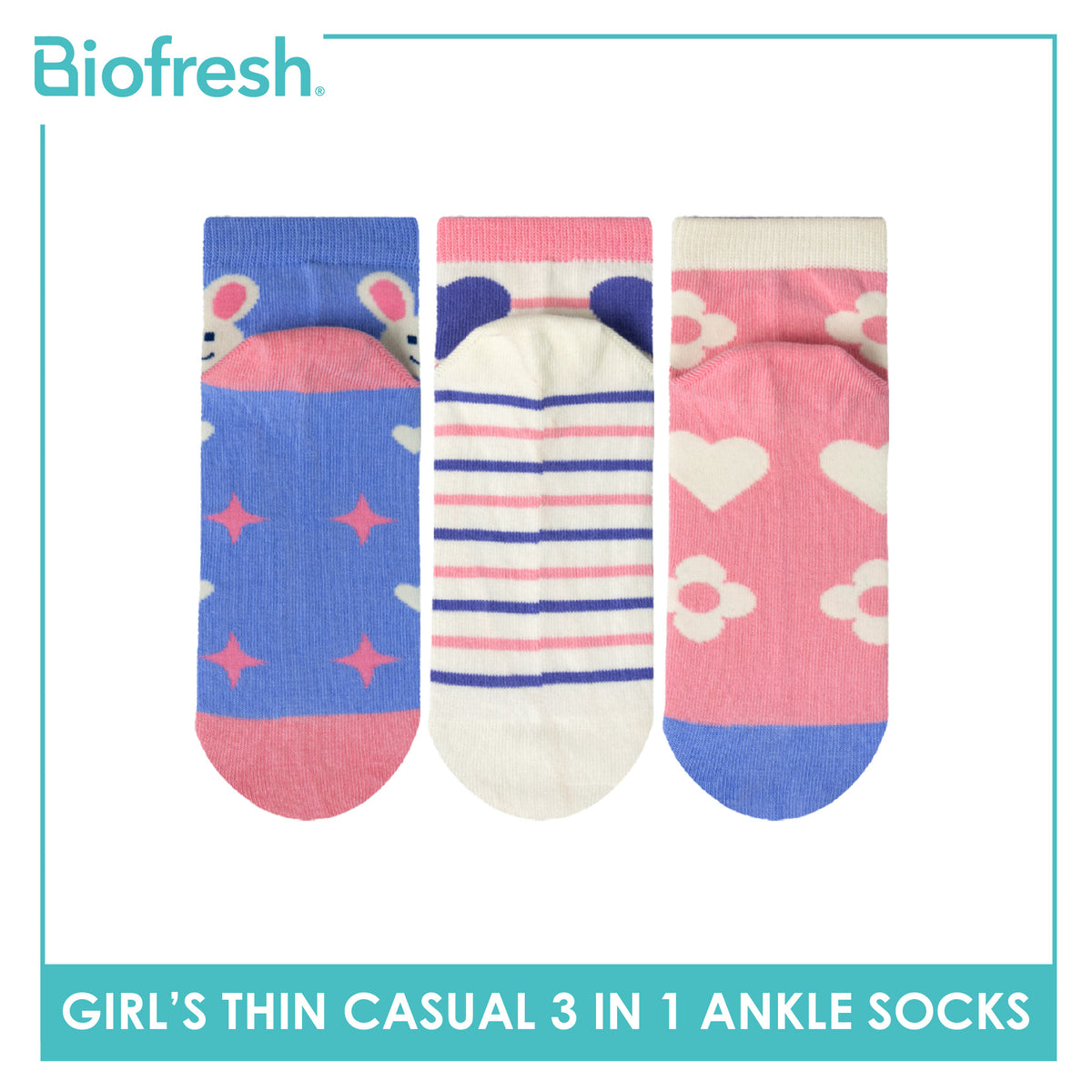 Biofresh Girl's Antimicrobial Cotton Thin Casual Ankle Socks 3 pairs in 1 pack RGCG635