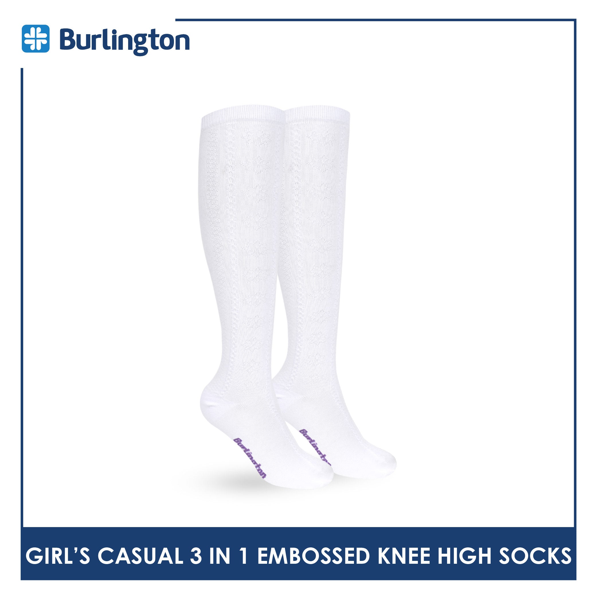 Burlington Girls’ Embossed Cotton Thin Casual Knee High Socks 3 pairs in 1 pack BGKHMG2