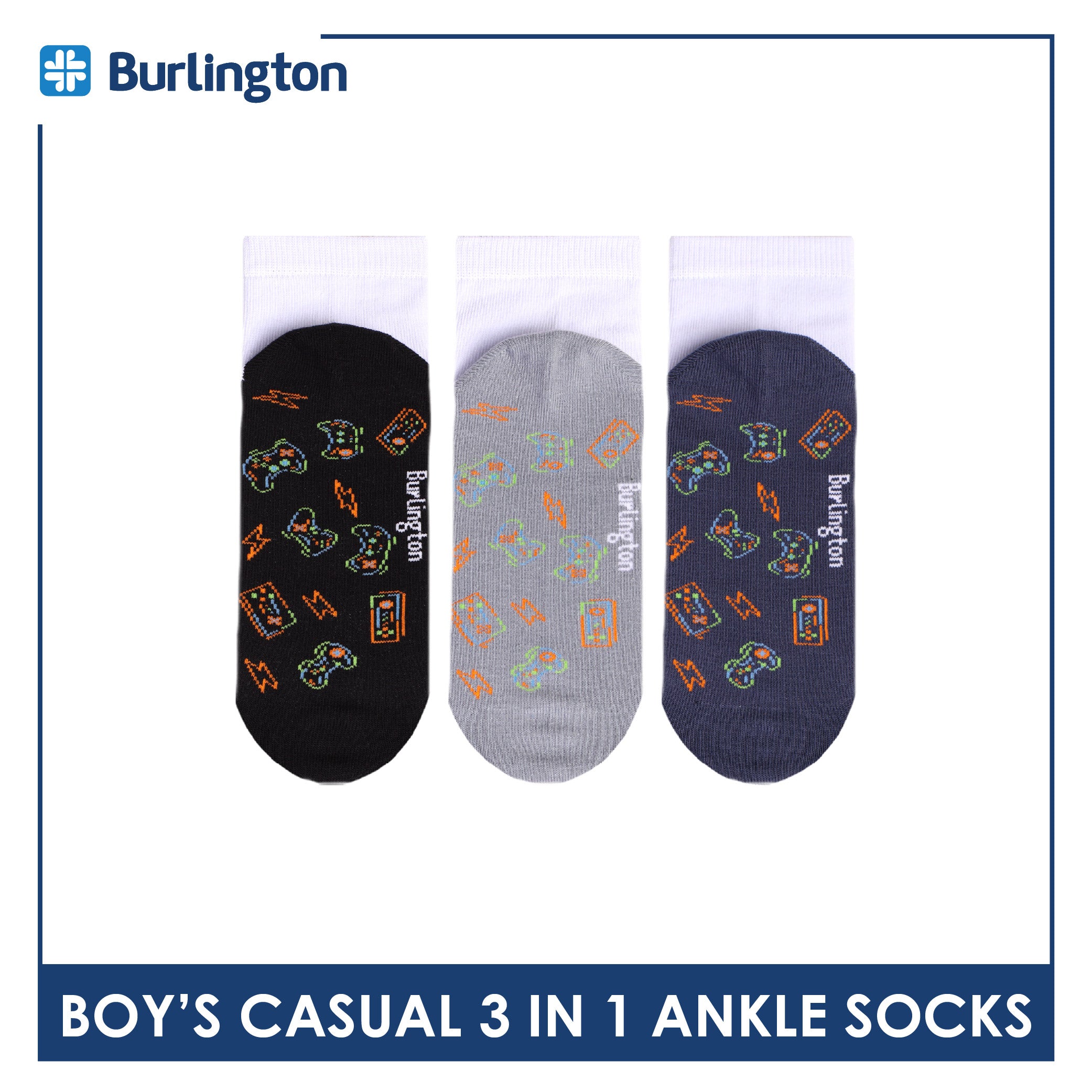 Burlington Boys’ Cotton Casual Ankle Socks 3 pairs in 1 pack BBCKG80